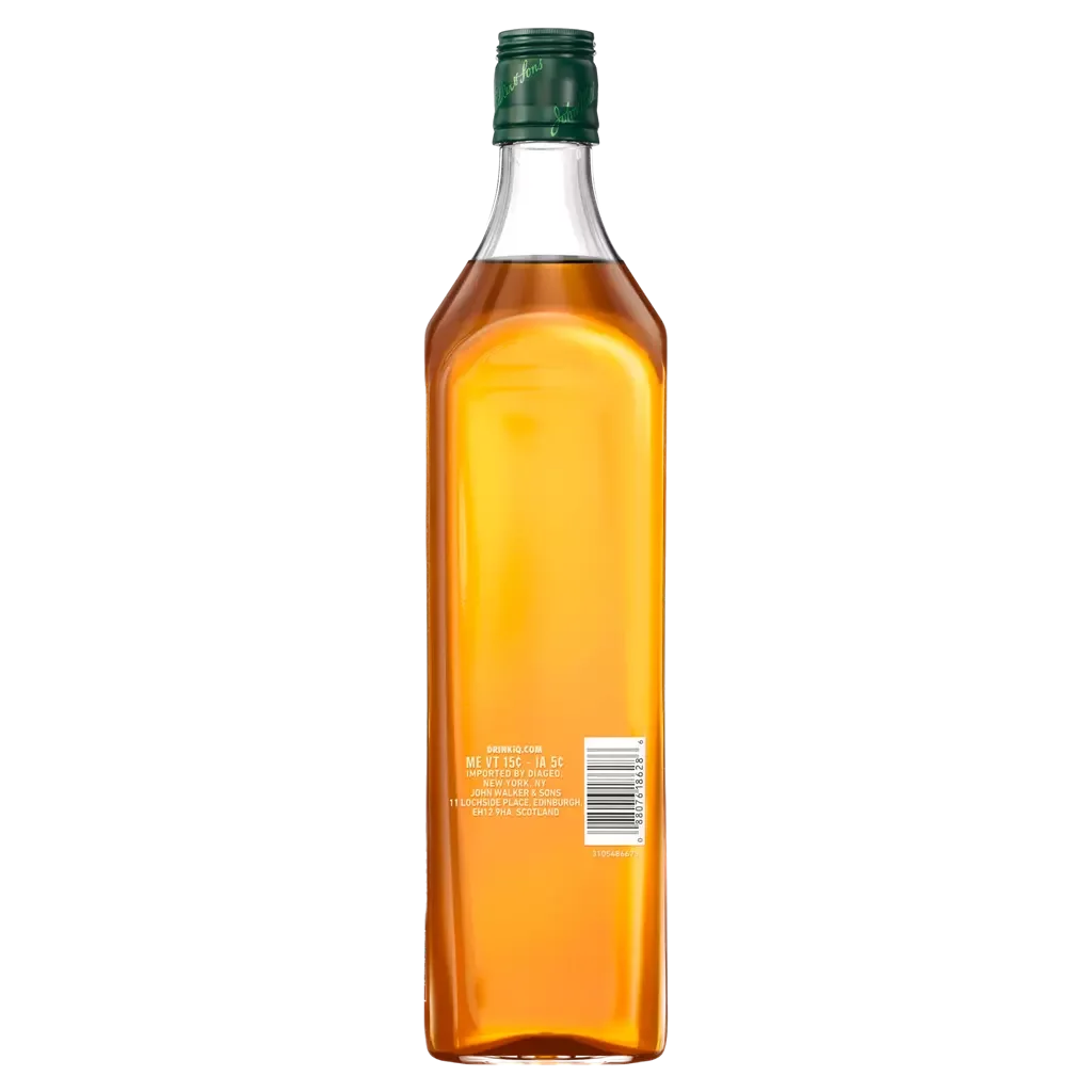 A bottle of Johnnie Walker High Rye Blended Scotch Whisky amber-colored liquid with a green cap. The back label displays a barcode and text, including alcohol content and volume information,.