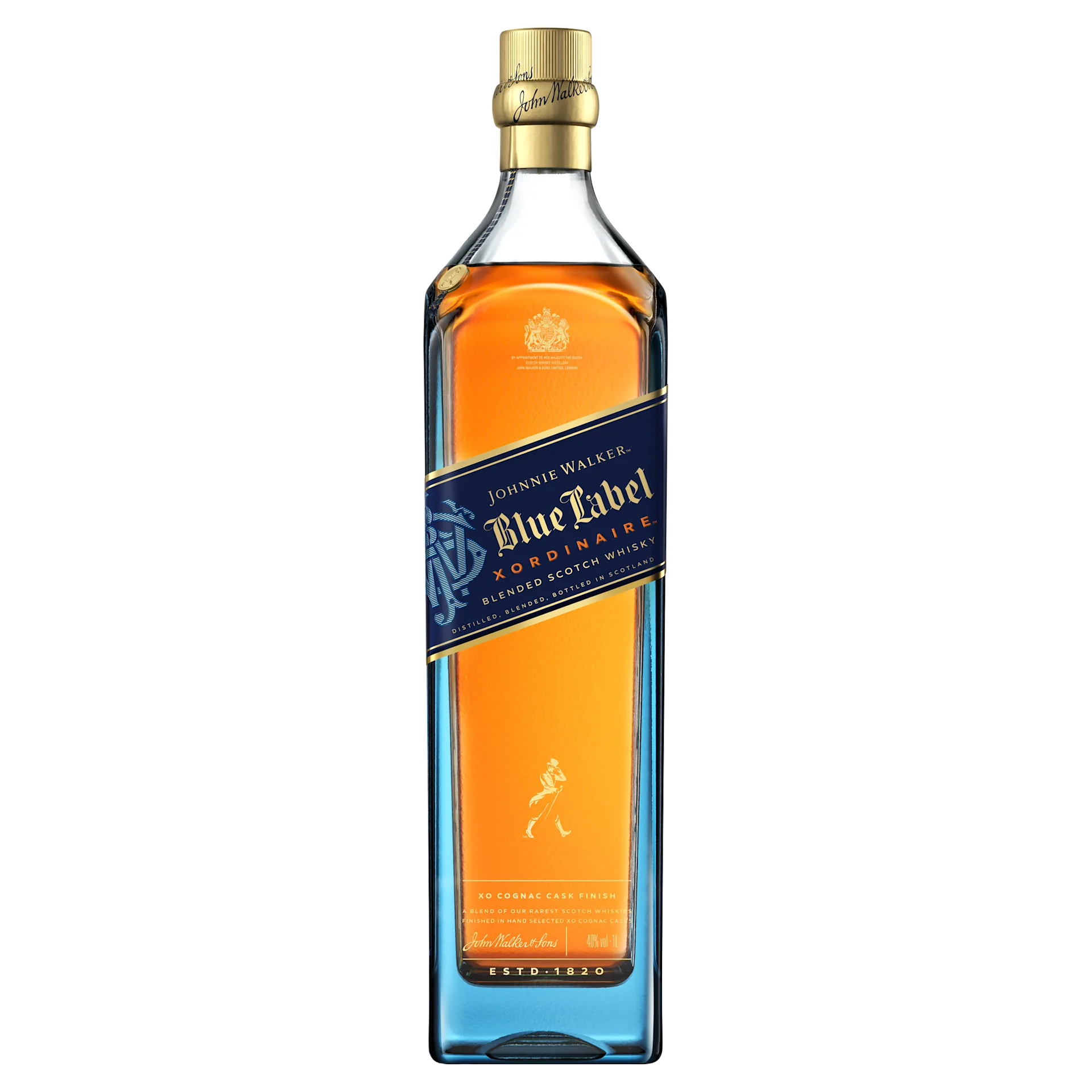 A bottle of Johnnie Walker Blue Label blended Scotch whisky with a blue label and gold accents, featuring the brands signature striding man logo. The glass bottle has a square shape and a gold cap.