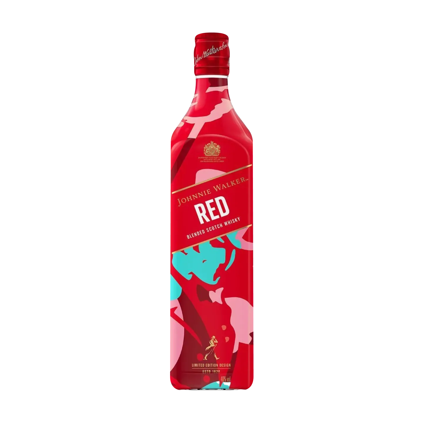 Uma vibrante garrafa de edição limitada de uísque escocês Johnnie Walker Red Label, com um design abstrato dinâmico em tons de vermelho, azul e rosa sobre um fundo preto.