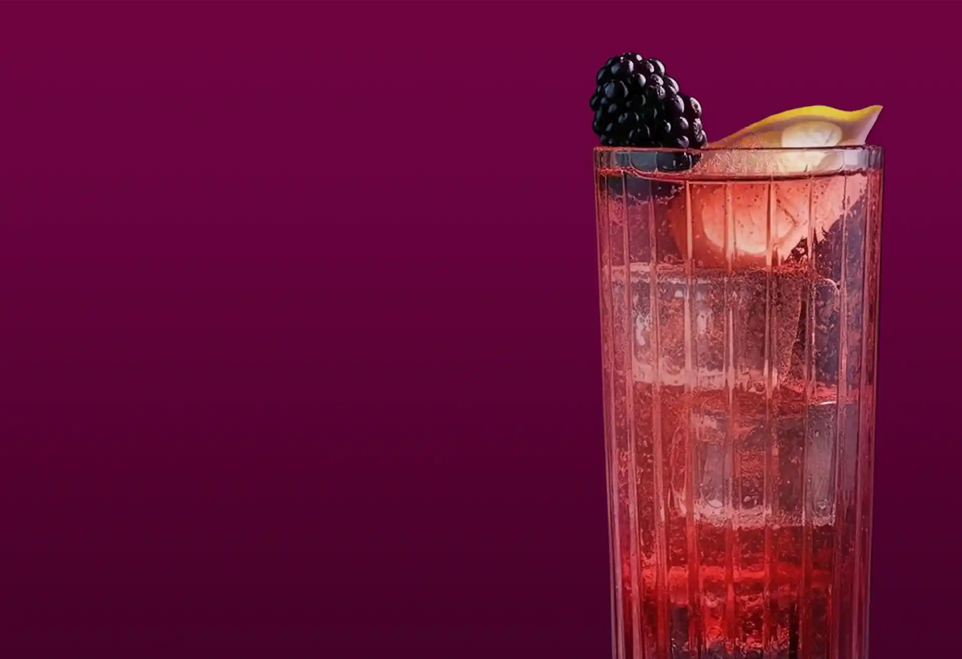 A tall glass filled with a red drink, topped with ice cubes, a slice of lemon and blackberries, on a dark purple background.