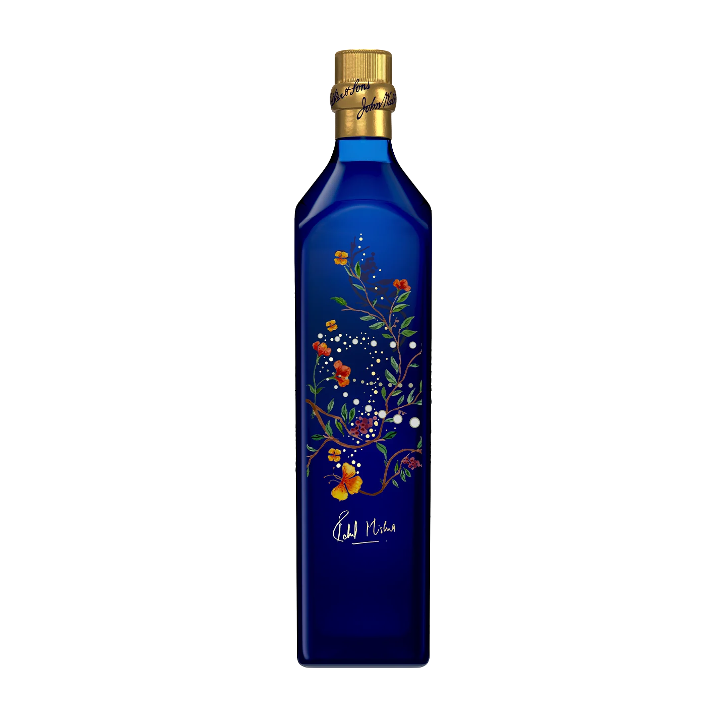 A tall, elegant Johnnie walker blue label x rahul mishra limited edition design bottle with a gold cap, decorated with colourful floral illustrations and a white signature near the base. The background is white.