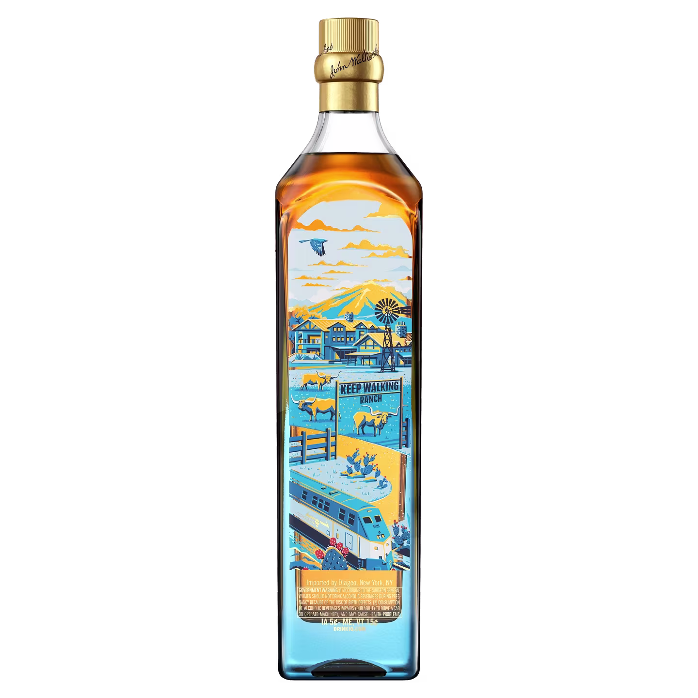 A liquor bottle with a scenic blue and yellow illustrated label featuring a train, houses, and mountains.