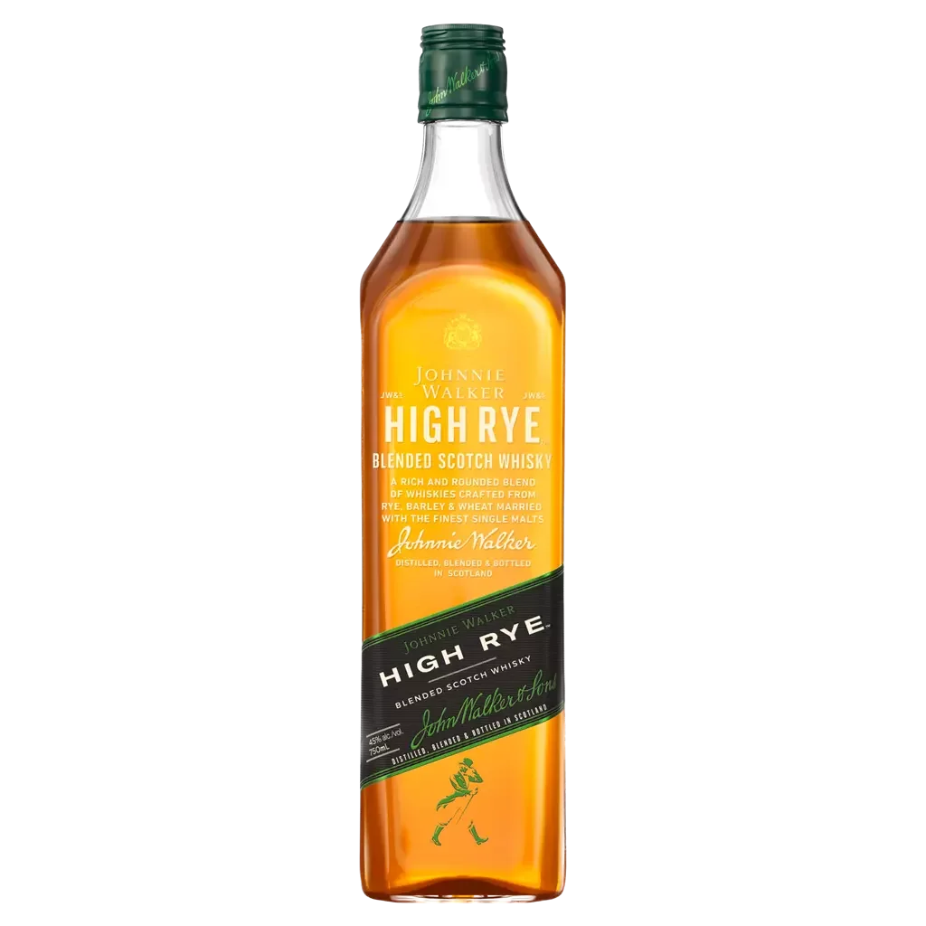 A bottle of Johnnie Walker High Rye Blended Scotch Whisky with a green cap and label. The label describes it as a blend with rye content, featuring the iconic Johnnie Walker branding. 