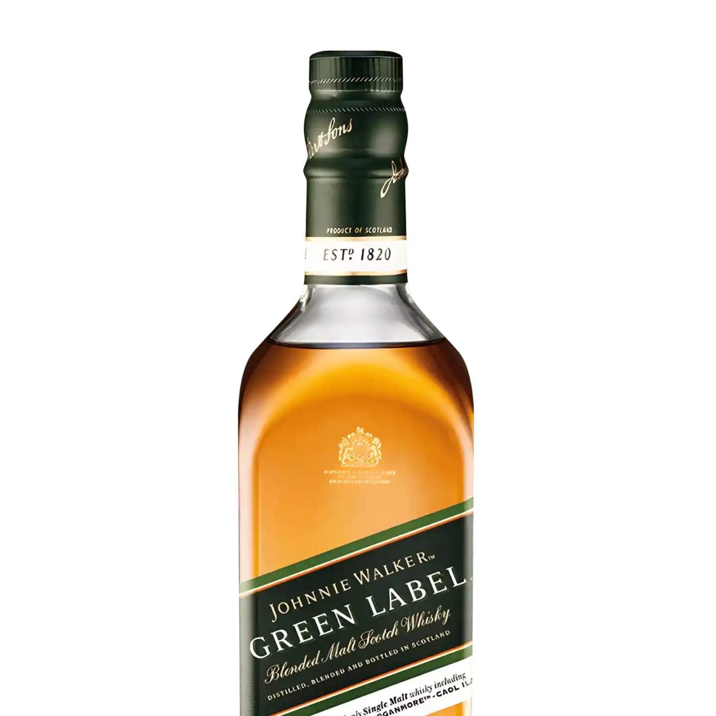 Uma garrafa de Johnnie Walker Green Label Blended Malt Scotch Whisky com rótulo verde e detalhes dourados. A tampa é verde-escura com a marca registrada, e o rótulo afirma que foi estabelecido em 1820. O uísque parece ter cor âmbar.