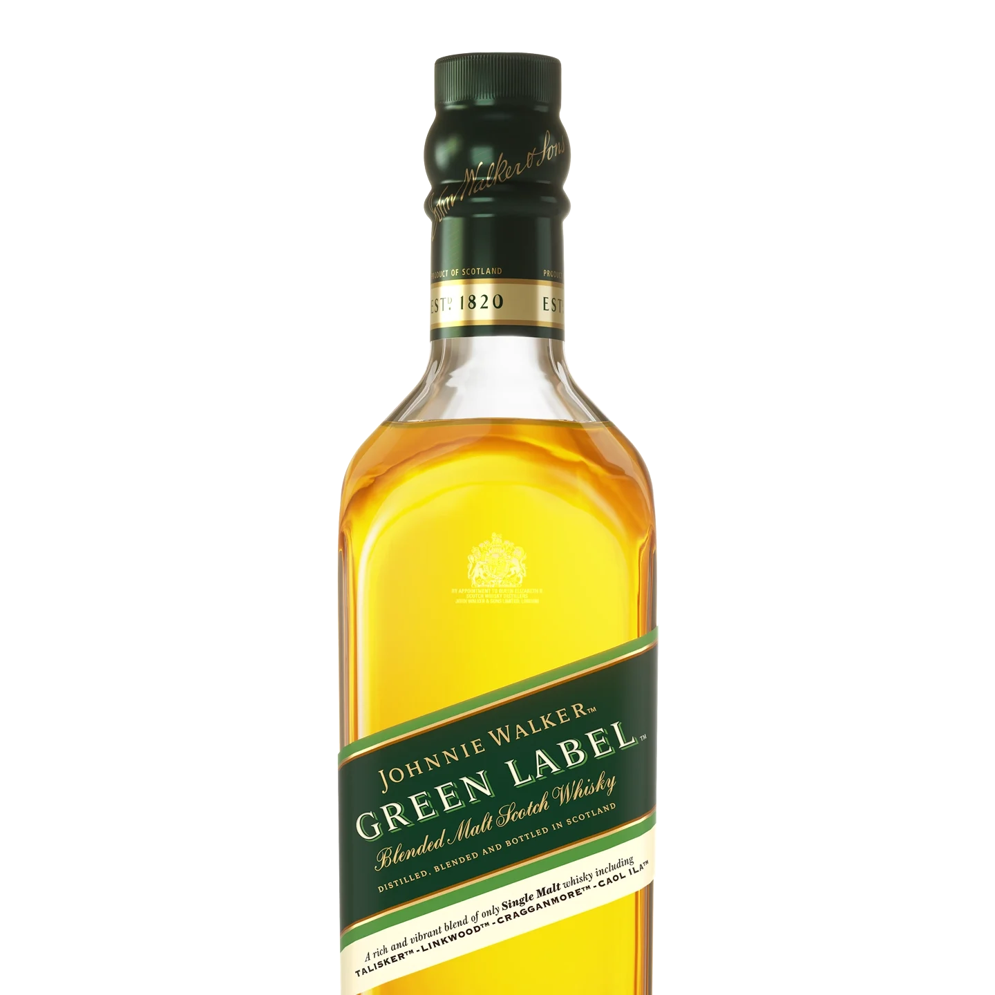Close-up of a Johnnie Walker Green Label bottle, showing the top portion with its green label and gold lettering. The cap is green with branding, and the text reads Blended Malt Scotch Whisky and Established 1820.