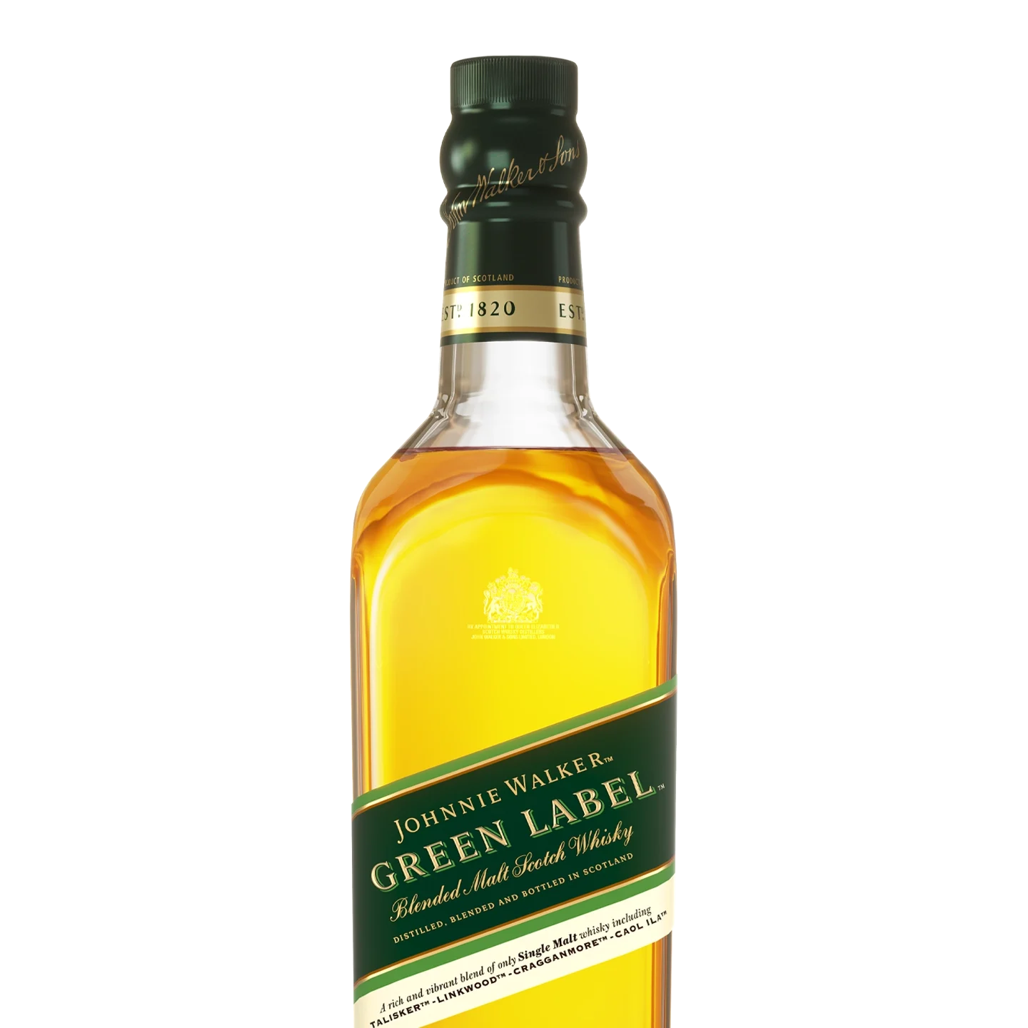 Бутилка шотландско уиски Johnnie Walker Green Label Blended Malt със зелен етикет и златни акценти, с логото на марката и характерния диагонален дизайн на етикета.