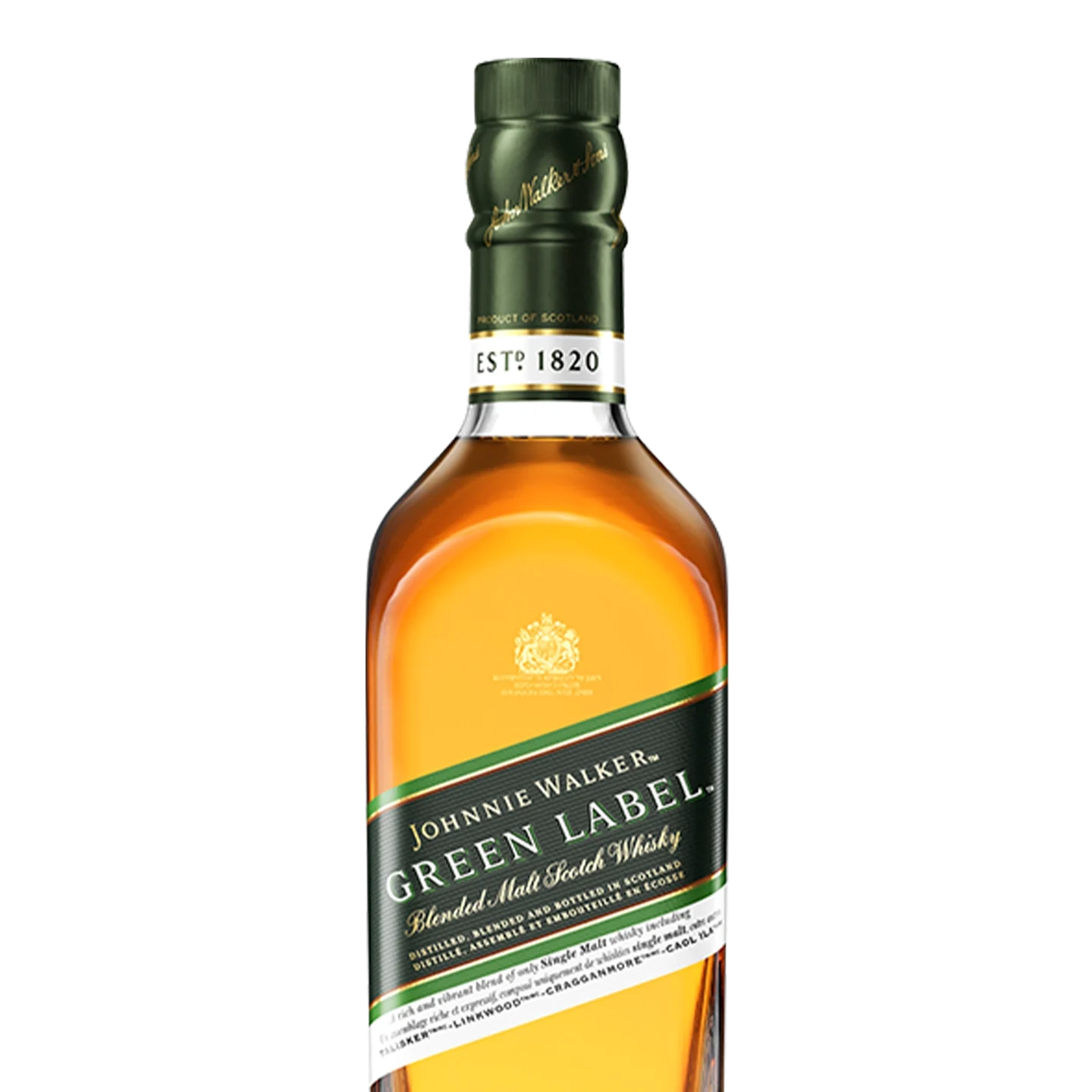 Μπουκάλι Johnnie Walker Green Label Blended Malt Scotch Whisky. Η ετικέτα είναι πράσινη με χρυσό και λευκό κείμενο, με το λογότυπο της μάρκας και τις λέξεις ESTD 1820 στο λαιμό. Το υγρό στο εσωτερικό είναι κεχριμπαρένιο.