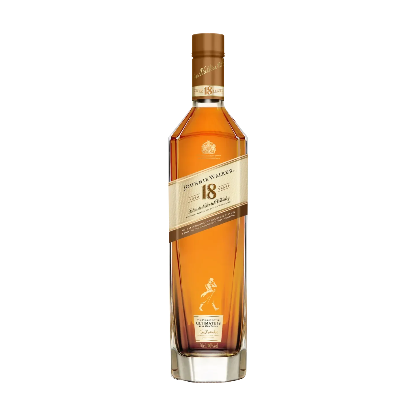 A bottle of Johnnie Walker 18-Year-Old Blended Scotch Whisky with its iconic angled label and gold accents. The rich amber liquid is visible through the clear, angular glass.