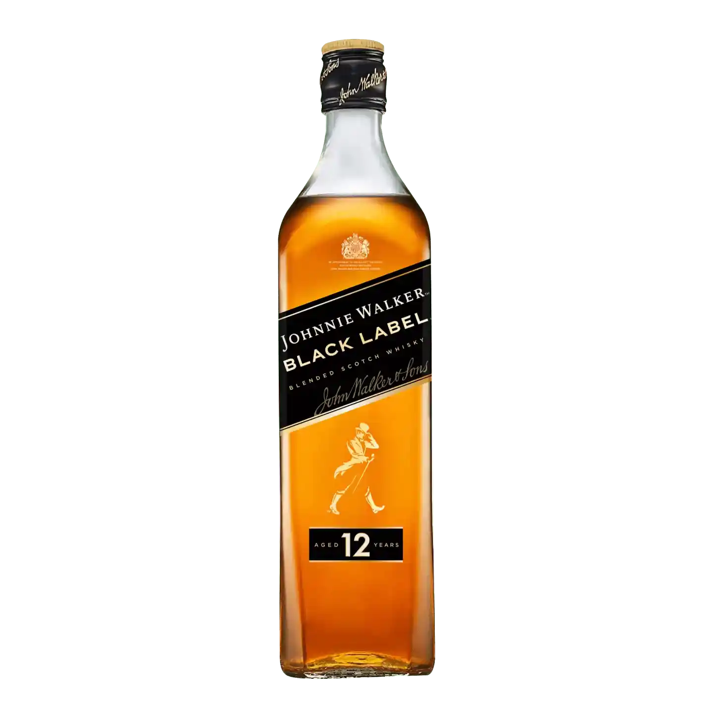 Một chai rượu Johnnie Walker Black Label Scotch Whisky có nhãn màu đen và vàng, có logo của thương hiệu và biểu tượng người đi bộ. Chai được đổ đầy chất lỏng màu hổ phách và có dòng chữ 12 năm gần đáy.