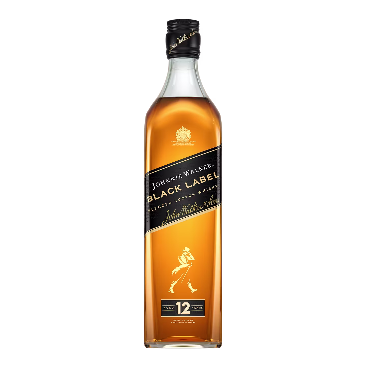 A bottle of Johnnie Walker Black Label Scotch whisky with a black and gold label. The label features the brands logo and text indicating it is 12 years old.