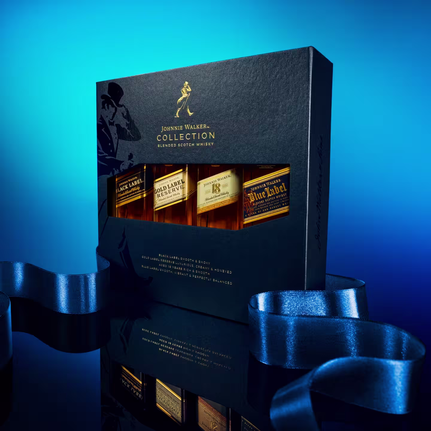 A gift box of Johnnie Walker Collection Blended Scotch Whisky bottles, featuring four labels, sits on a reflective surface with a blue ribbon, against a vibrant blue gradient background.