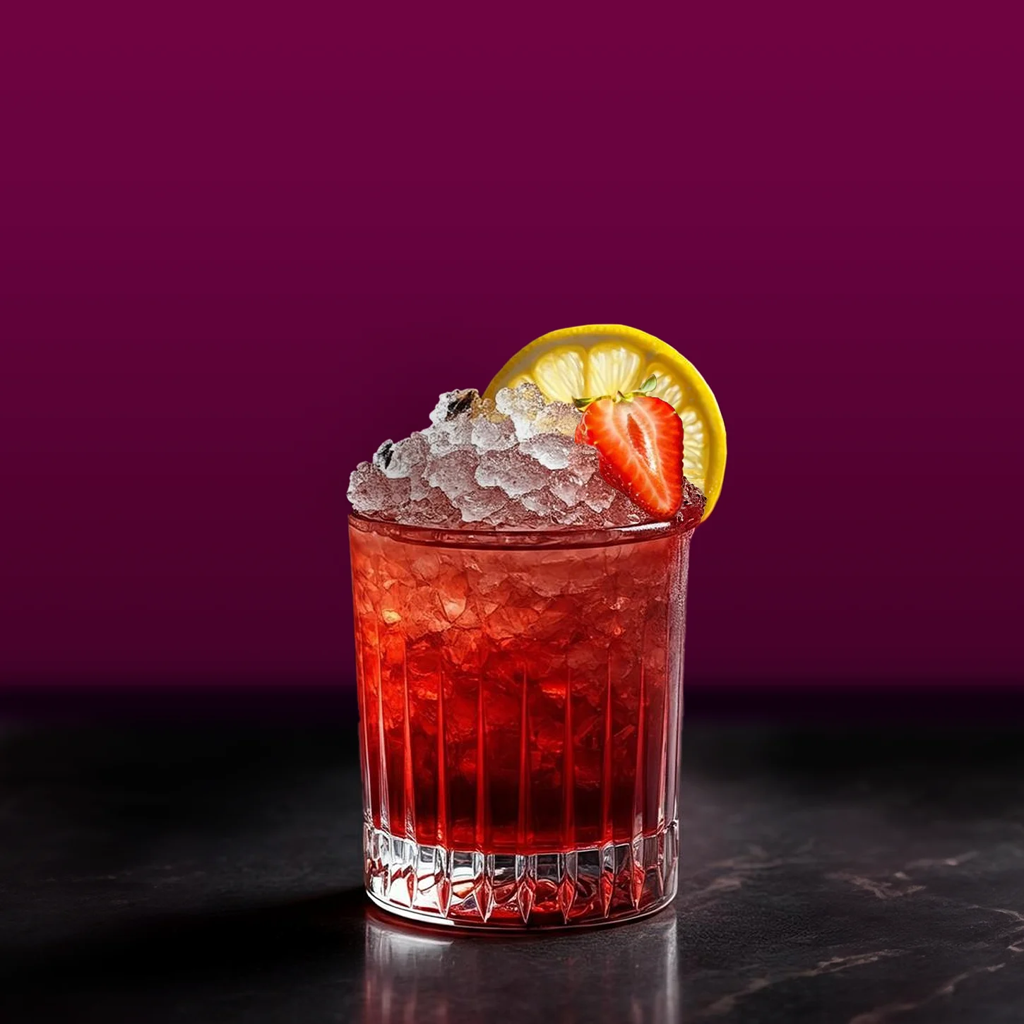 Un vaso lleno de una bebida helada roja adornada con una rodaja de limón y media fresa, sobre un fondo morado oscuro.