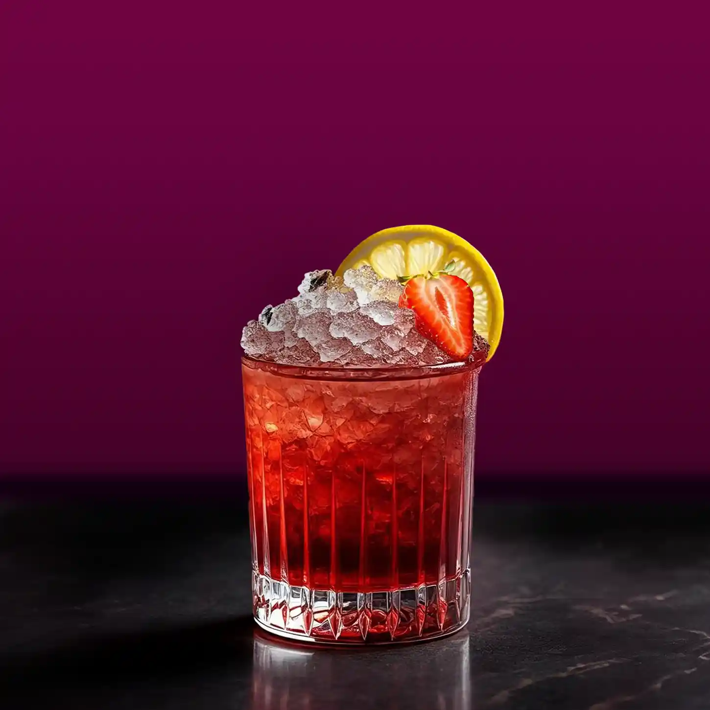 A glass filled with a red cocktail, topped with crushed ice. A slice of lemon and a sliced strawberry are garnished on the rim. The background is a deep purple, and the glass rests on a dark surface.