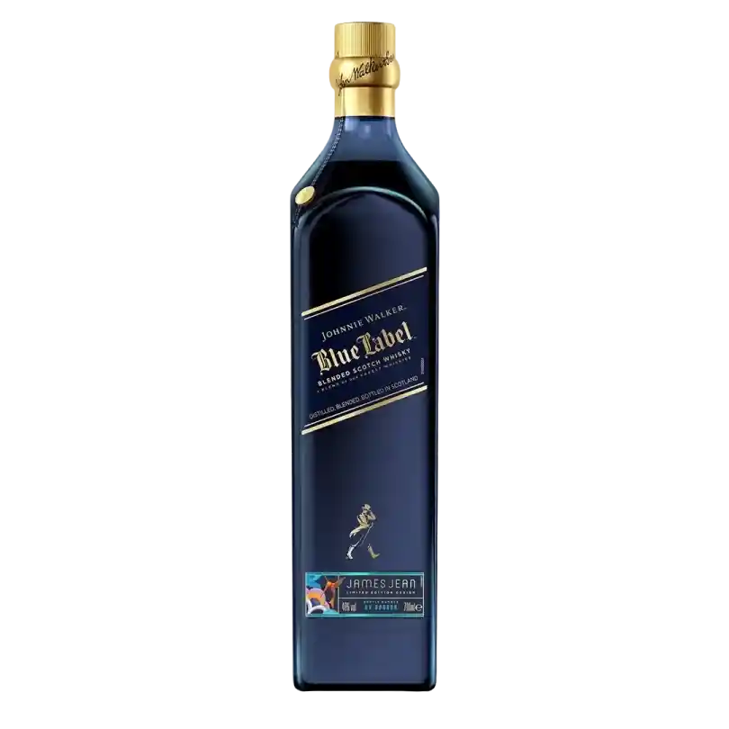 A bottle of Johnnie Walker Blue Label Limited Edition Design Year of the Dragon whiskey with a dark blue label and gold accents. The bottle features the signature slanted label design and an intricate illustration at the bottom.