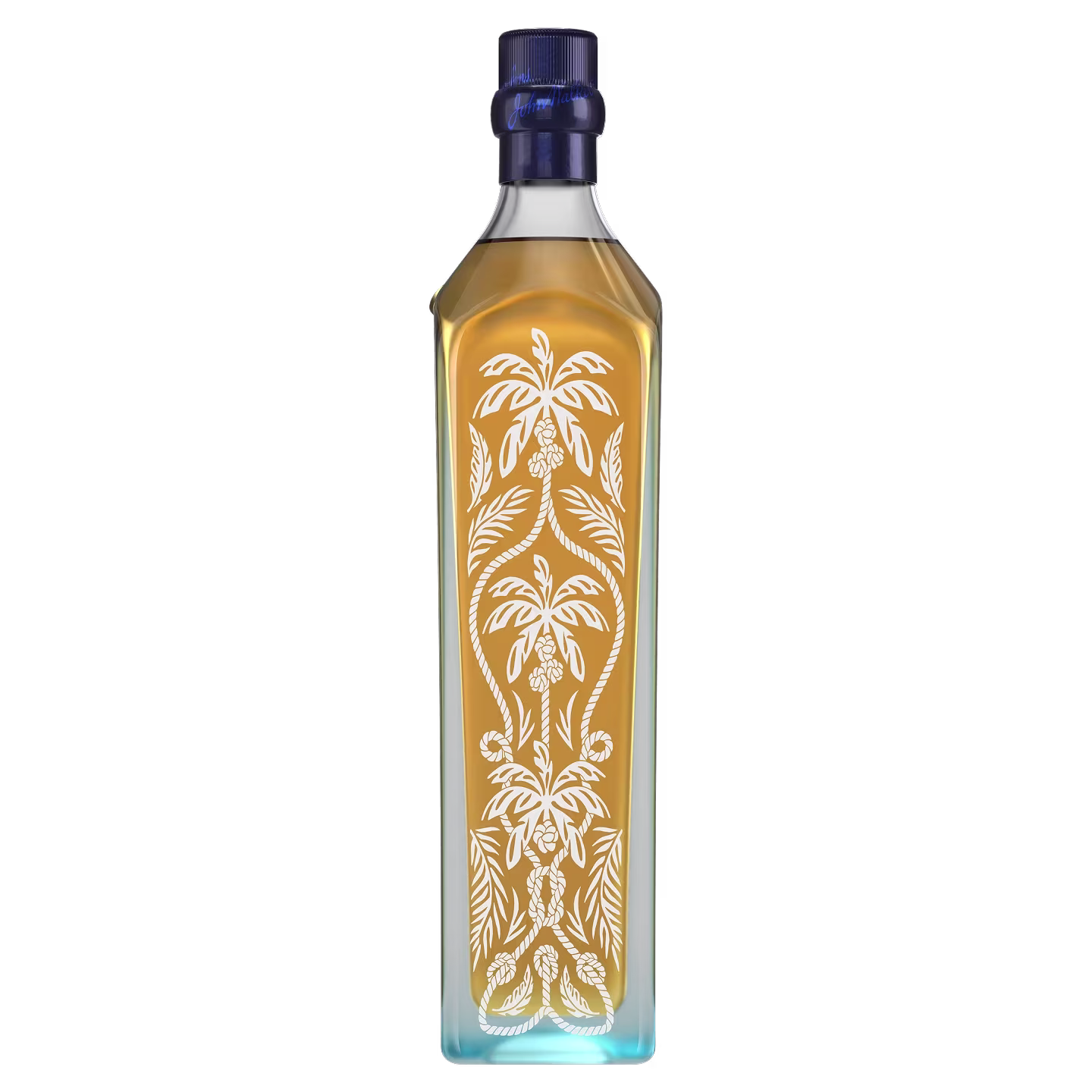 A tall glass bottle with golden liquid and white palm tree designs on the front.