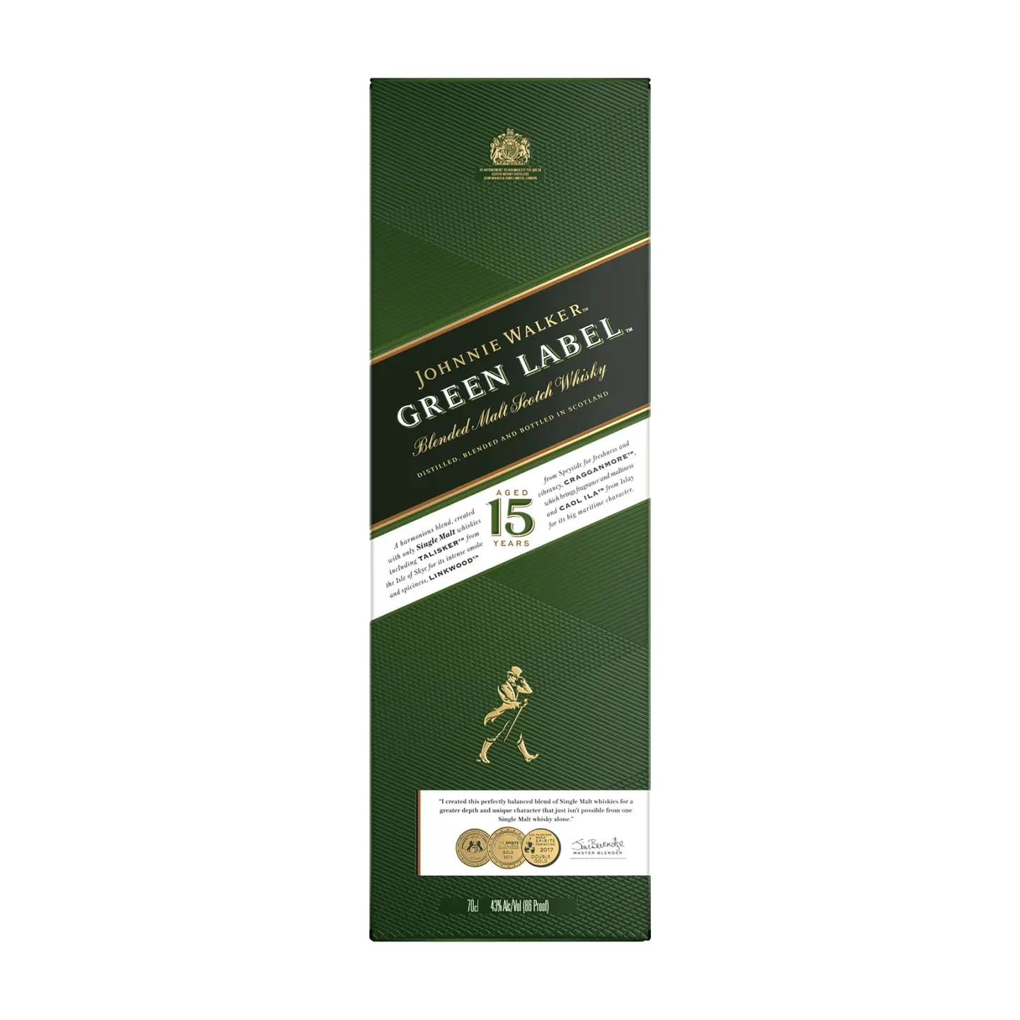 Una caja verde de whisky escocés de malta mezclado Johnnie Walker Green Label con texto dorado y blanco que detalla los 15 años de envejecimiento y el logotipo de la marca. La etiqueta presenta premios y una figura estilizada que camina con un bastón.