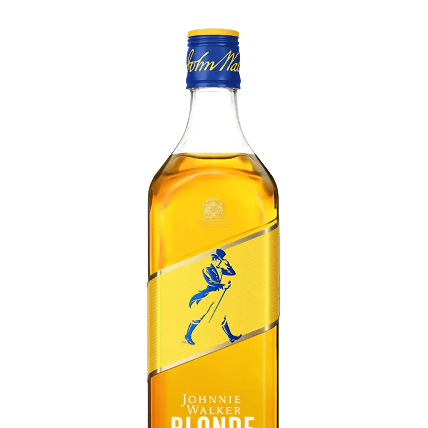 Una botella de whisky Johnnie Walker Blonde con una tapa azul y el icónico logotipo de un hombre caminando sobre una etiqueta diagonal amarilla. La botella está llena de un líquido de color ámbar dorado, sobre un fondo blanco liso.