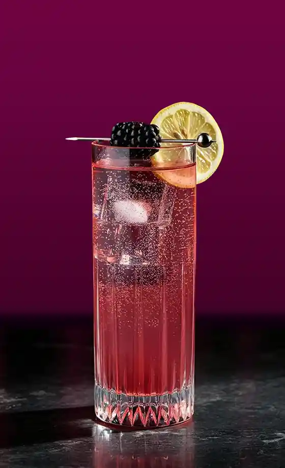 A tall glass filled with a sparkling pink drink sits against a dark purple background. The drink is garnished with a slice of lemon and a blackberry on a skewer. A few ice cubes are visible in the glass.