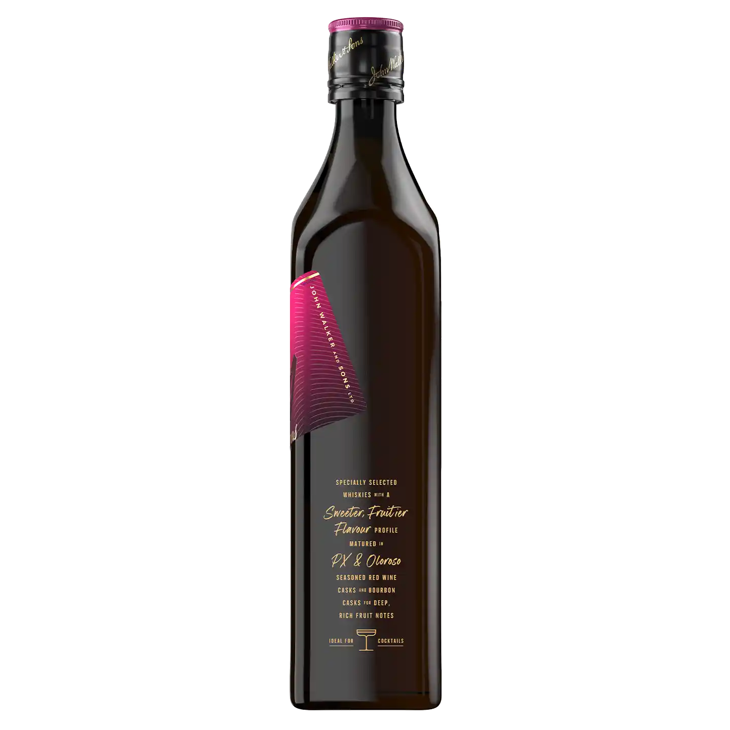 A bottle of dark olive oil with an elegant design and a pink label on the shoulder. The label features gold text detailing the producer and blend, focusing on PX and Oloroso sherry casks. The lid is sealed with a pink wrap.