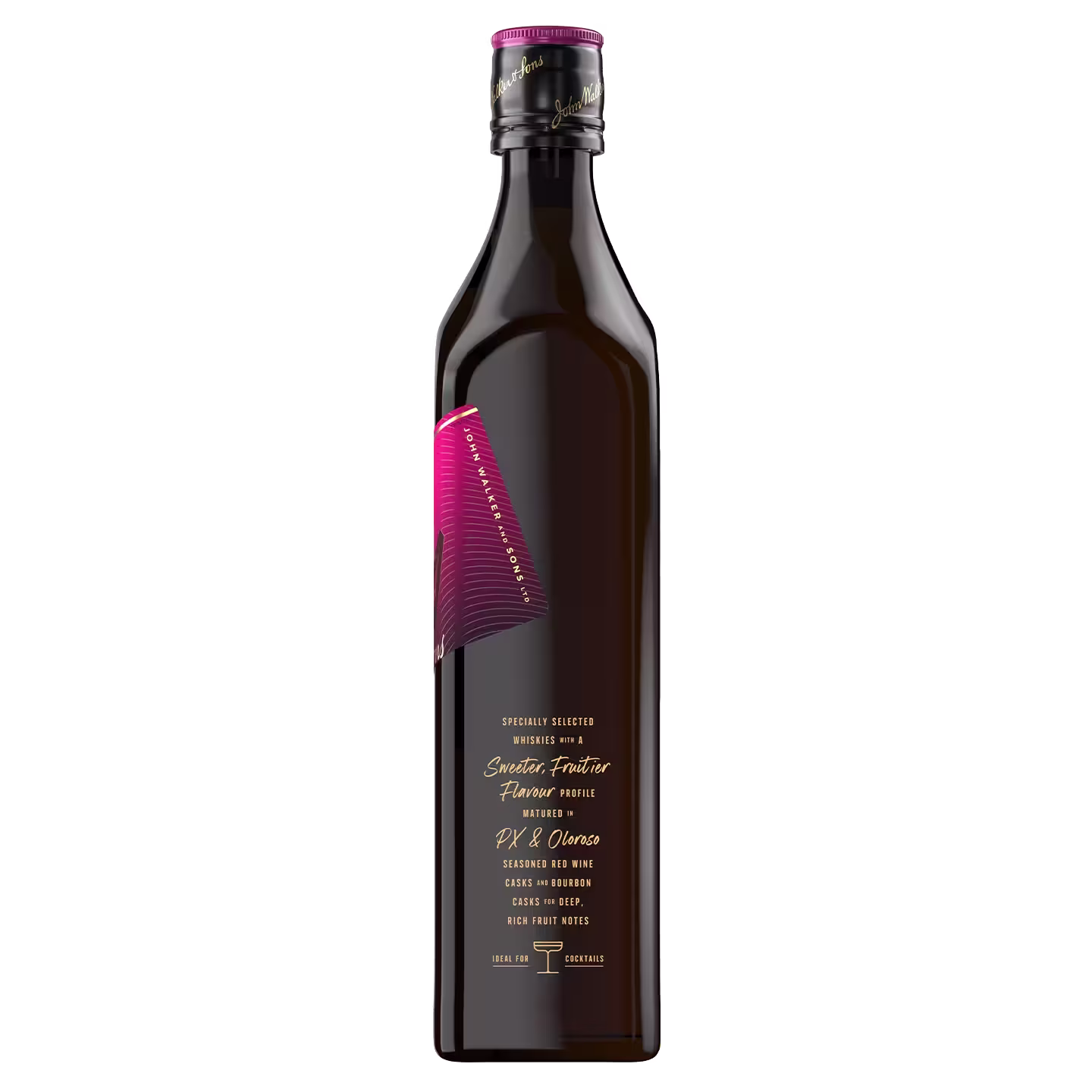 Botella de color oscuro con etiqueta decorativa con diseño rosa. El texto de la etiqueta detalla su contenido: Infusión de sabor a pimentón ahumado, PX y aceitunas, y menciona jerez, semillas de cacao y costillas de cerdo.