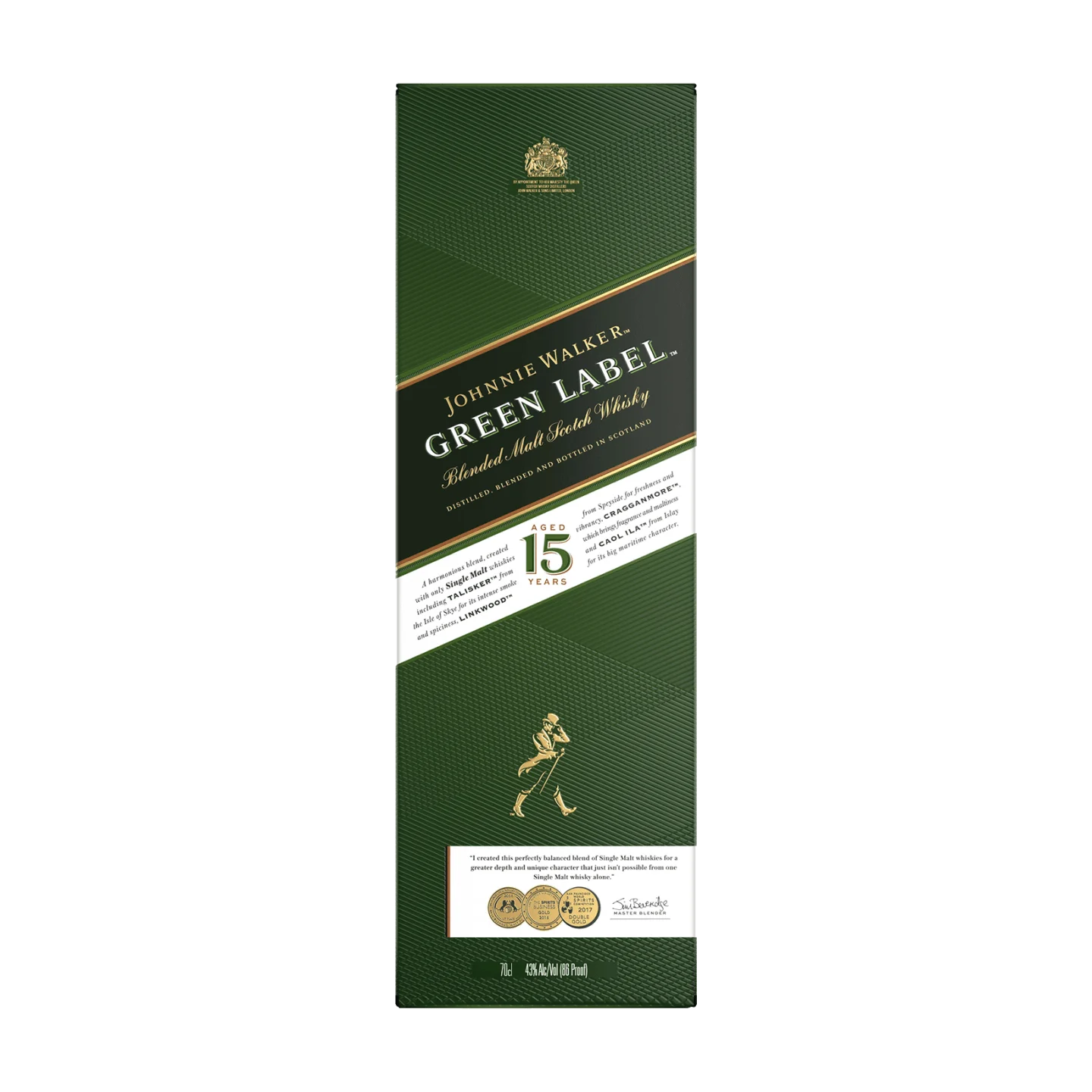 Ένα ορθογώνιο πράσινο κουτί Johnnie Walker Green Label Blended Malt Scotch Whisky, ηλικίας 15 ετών. Το κουτί διαθέτει χρυσές και λευκές πινελιές, το λογότυπο της μάρκας και μια στυλιζαρισμένη φιγούρα για περπάτημα κοντά στο κάτω μέρος.