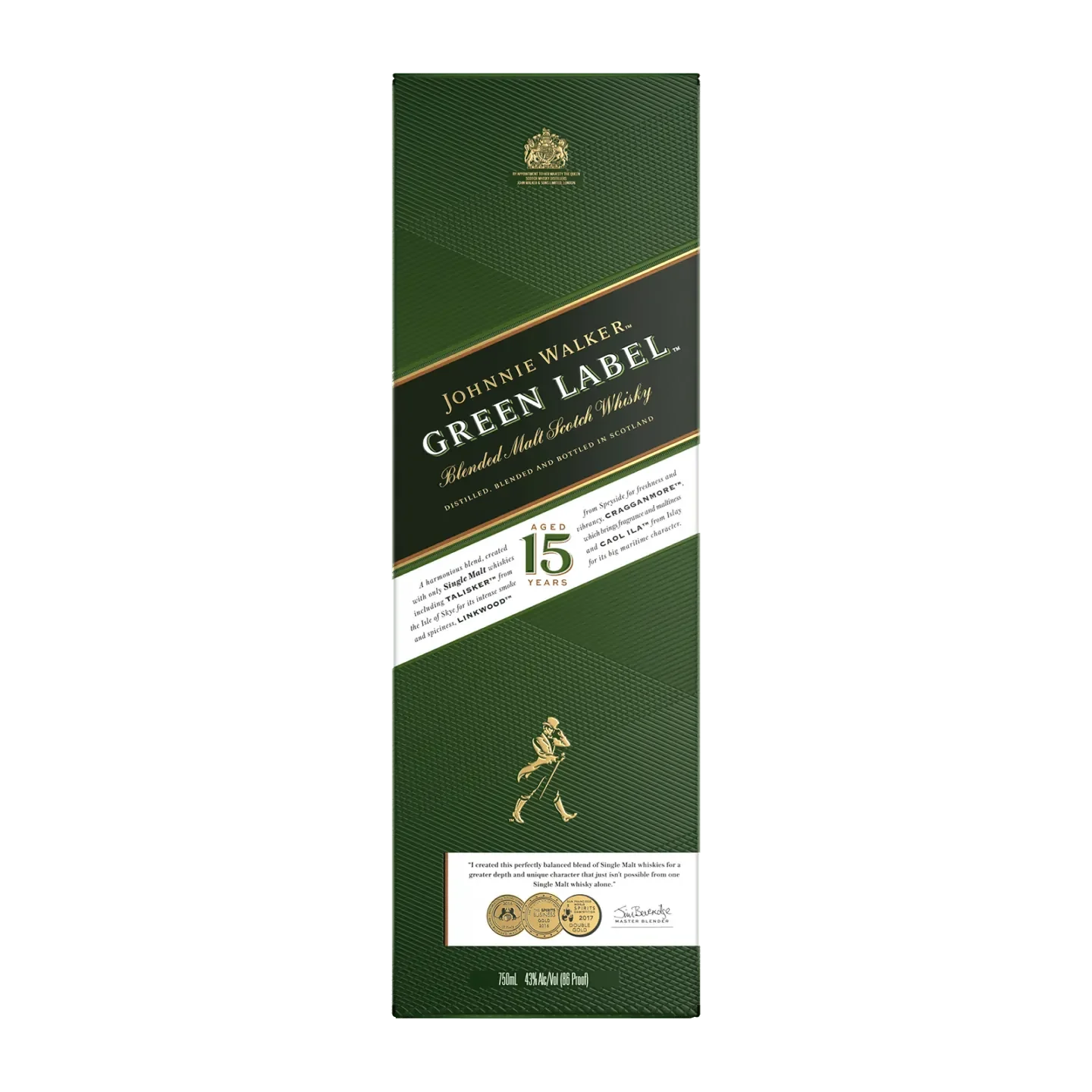 A green rectangular box showcasing Johnnie Walker Green Label Blended Malt Scotch Whisky, aged 15 years. The design features gold accents and text detailing the awards and flavour notes. The iconic striding man logo is visible at the bottom.