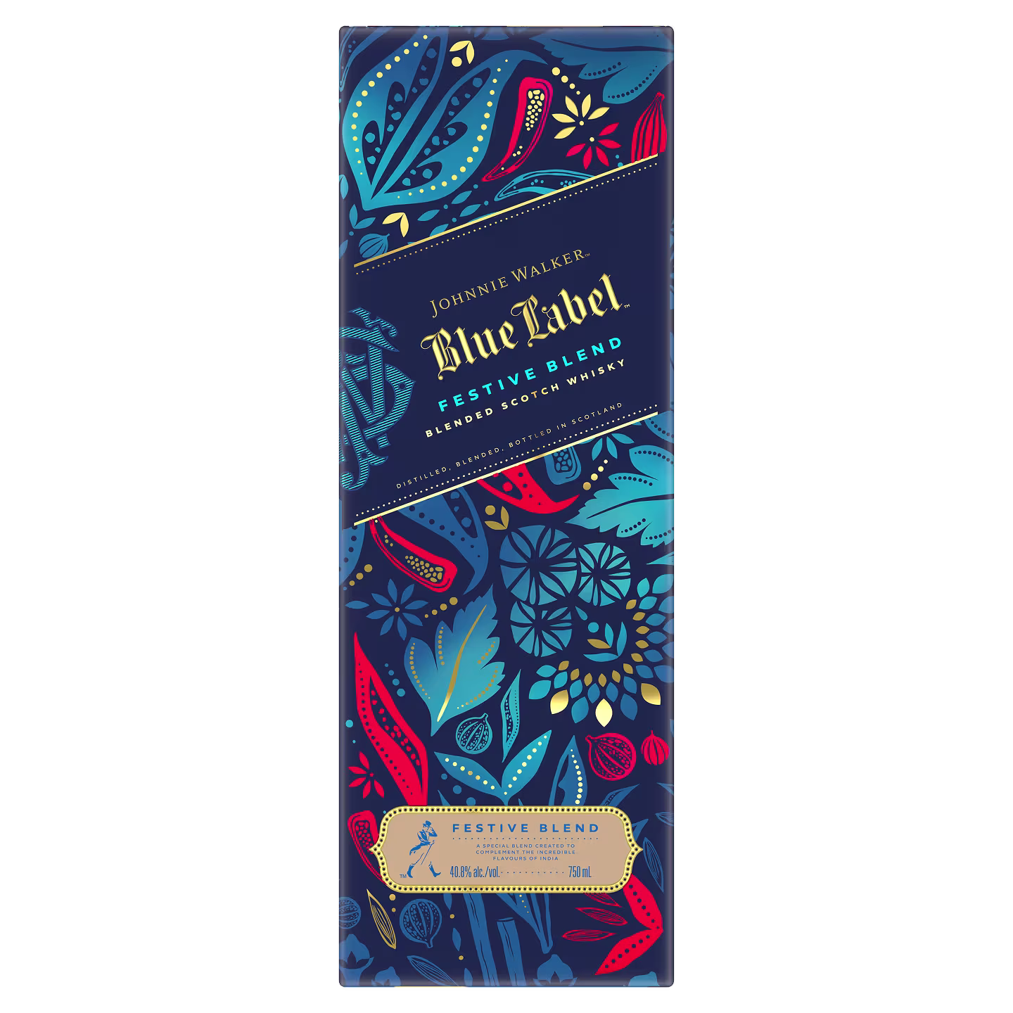 The Johnnie Walker Blue Label Festive Blend gift box, decorated with teal, blue and red florals and paisley with gold Blue Label lettering.