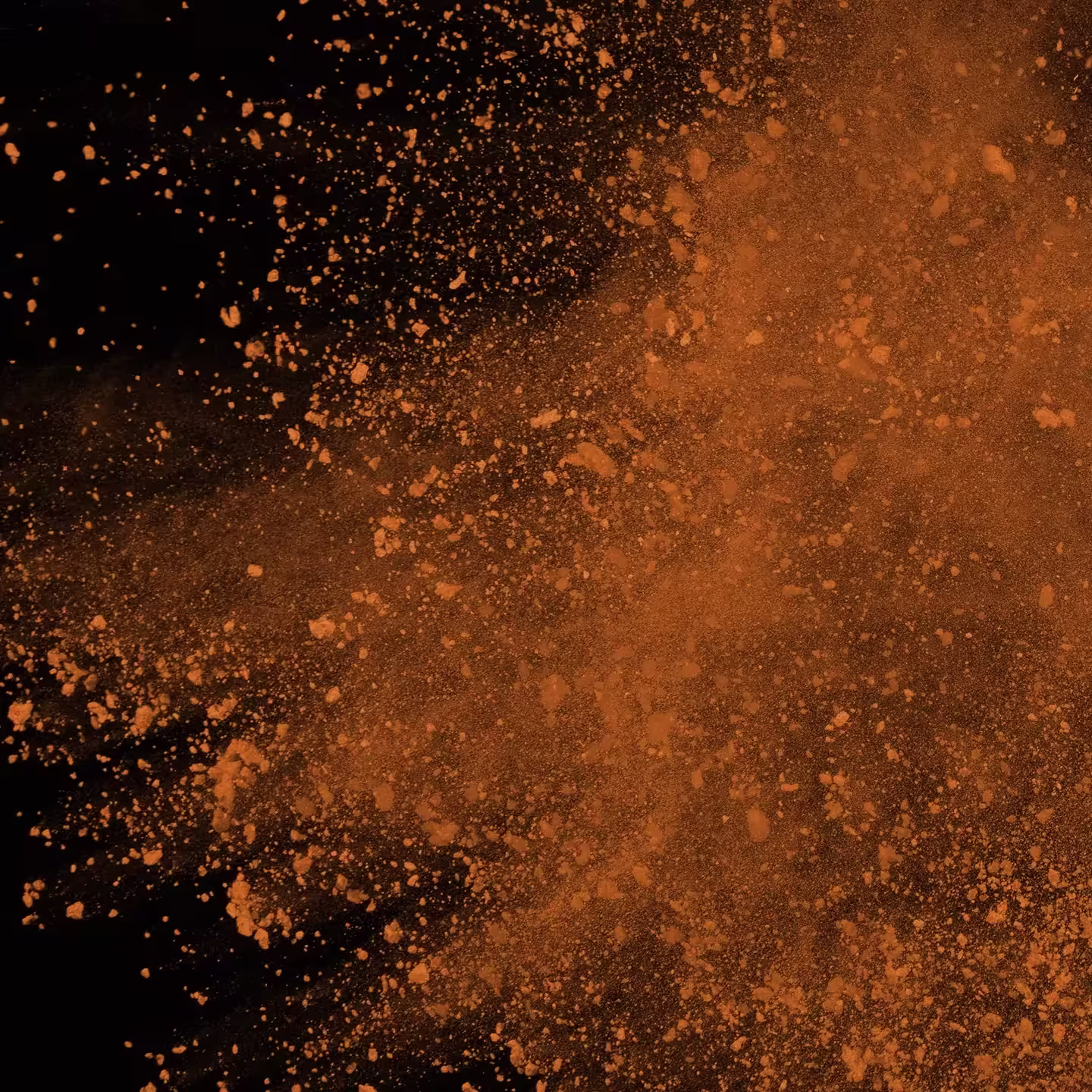 Orange powder dynamically disperses on a black background. It creates bright and textured abstract patterns.