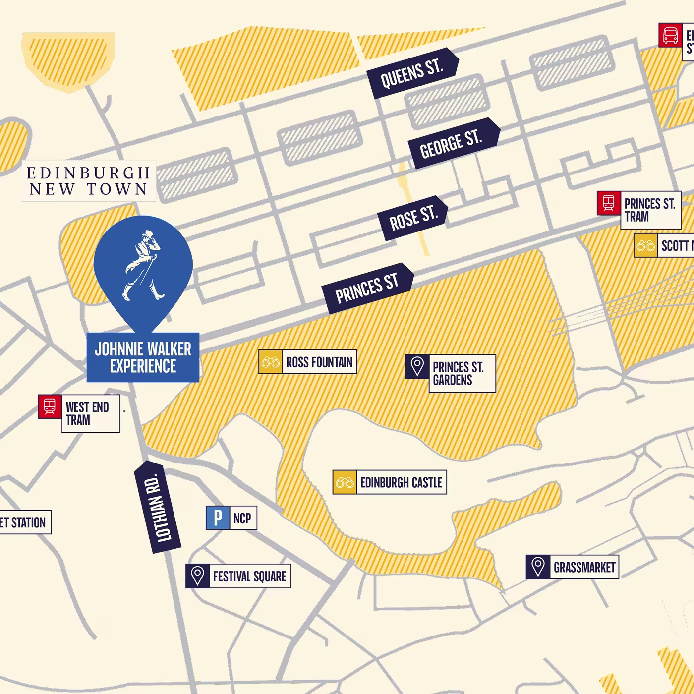 Map showing the location of the Johnnie Walker Experience on Princes St, Edinburgh, near tram stops and landmarks.
