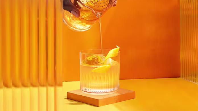 A hand pours a golden cocktail from a shaker into a glass with ice and a lemon twist, set on an orange coaster against a vibrant orange background.