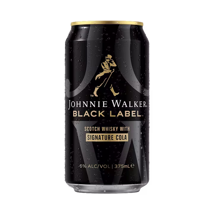 A can of Johnnie Walker Black Label Scotch Whisky with Signature Cola, 375ml, 6% alcohol.