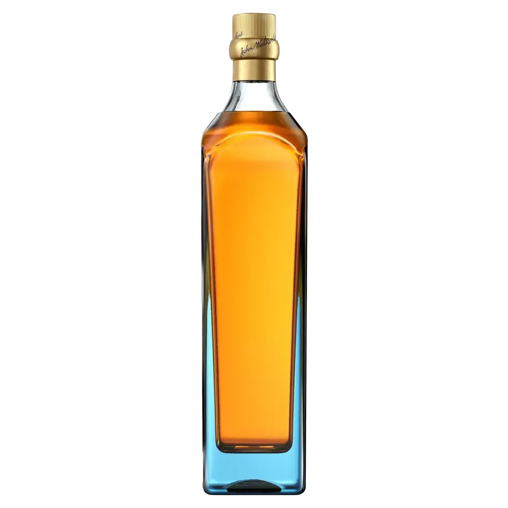 A tall, elegant bottle of premium Johnnie Walker Blue Label Chicago Scotch whisky with a gold cap. The liquid inside is golden amber, and the bottle features a sleek, modern design with clean lines and subtle curves against a dark background.