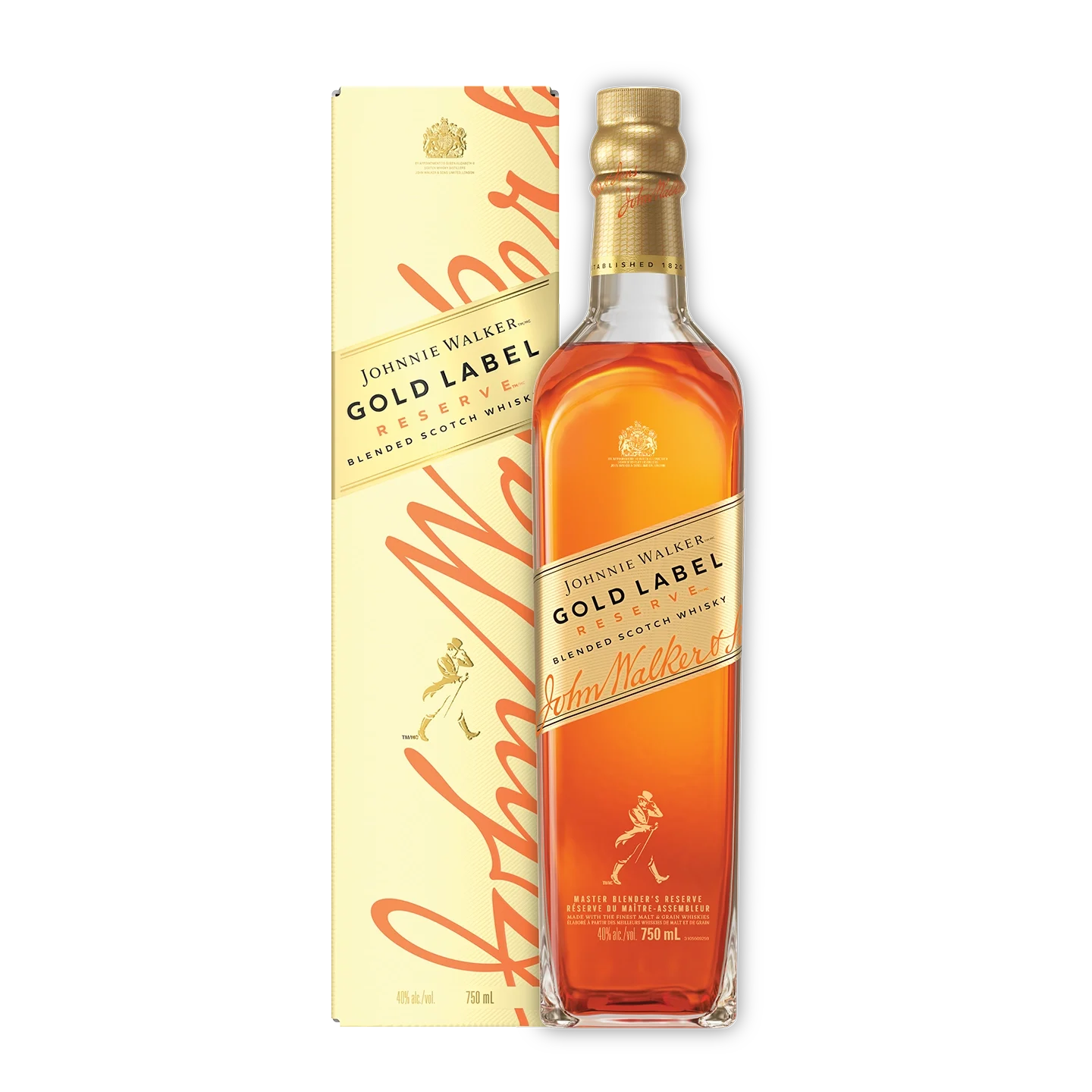 A rectangular box of Johnnie Walker Gold Label Reserve Scotch Whisky, featuring gold and beige colours with a diagonal design. The iconic Johnnie Walker character logo is printed near the bottom.