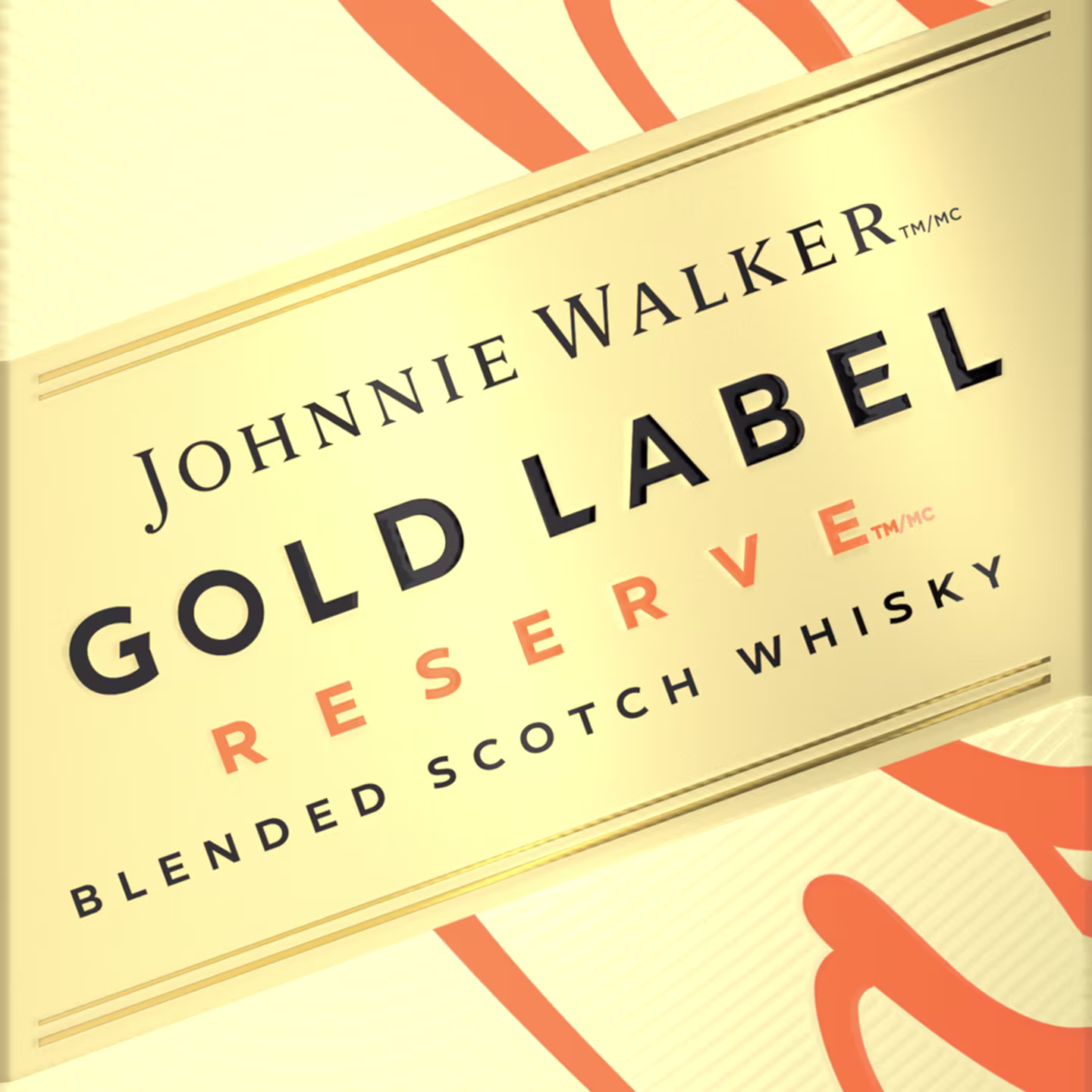 Етикетка пляшки змішаного шотландського віскі Johnnie Walker Gold Label Reserve із золотим і чорним текстом на металевому тлі з абстрактними помаранчевими лініями.