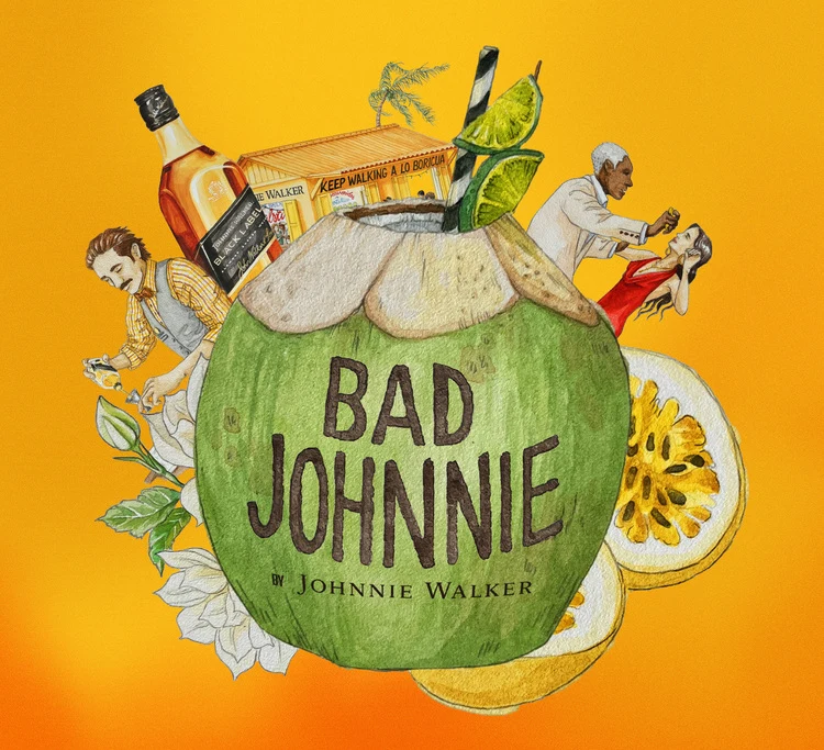 Ilustración de un coco verde con la palabra Bad Johnnie de Johnnie Walker, rodeado de una botella de Johnnie Walker, una caja, gente bailando, un camarero, flores y rodajas de maracuyá sobre un fondo amarillo anaranjado.
