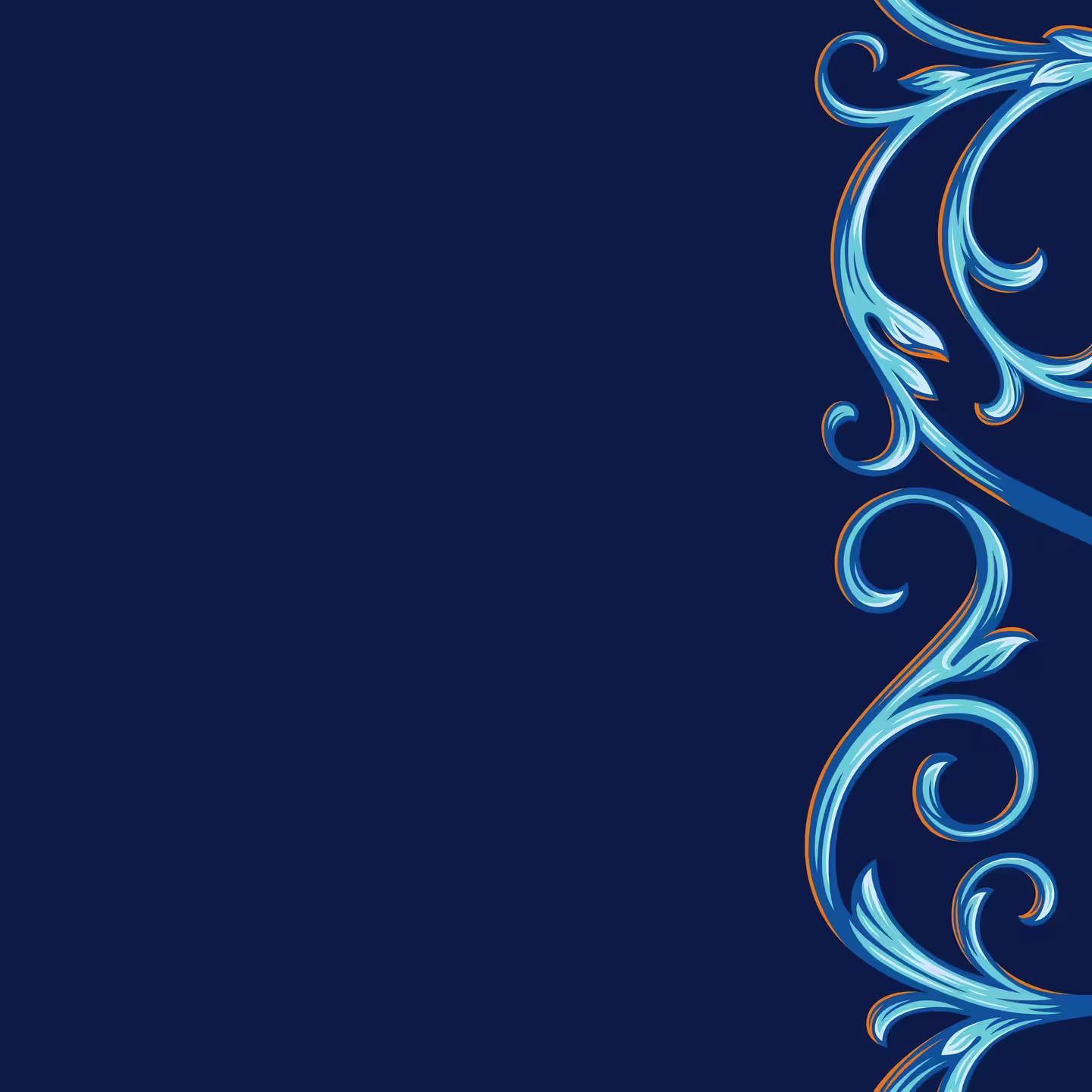 Ornate blue swirl and floral designs decorate the right edge of a dark blue background, leaving ample empty space on the left side for text or other elements.