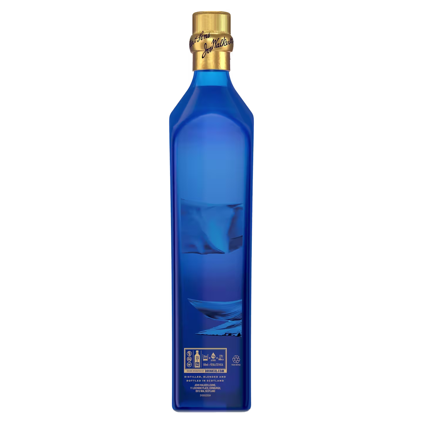 A tall, rectangular blue glass bottle with a gold cap and gold label near the neck, featuring minimalist wave designs and some small gold symbols and text near the base.