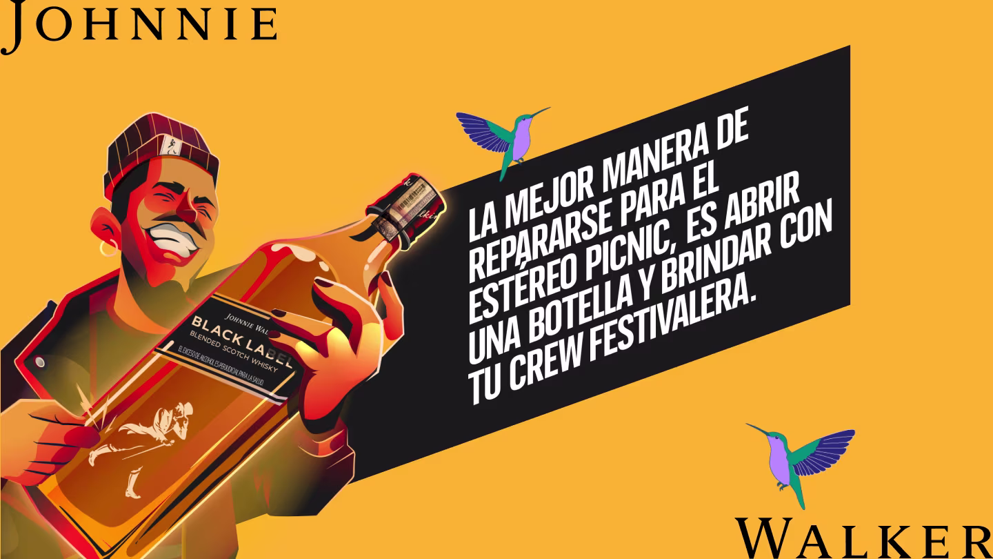 Anuncio ilustrado con un hombre sonriente sosteniendo una botella de whisky Johnnie Walker Black Label. El texto habla de una celebración con amigos. Fondo amarillo brillante con dos colibríes de colores que realzan el diseño.