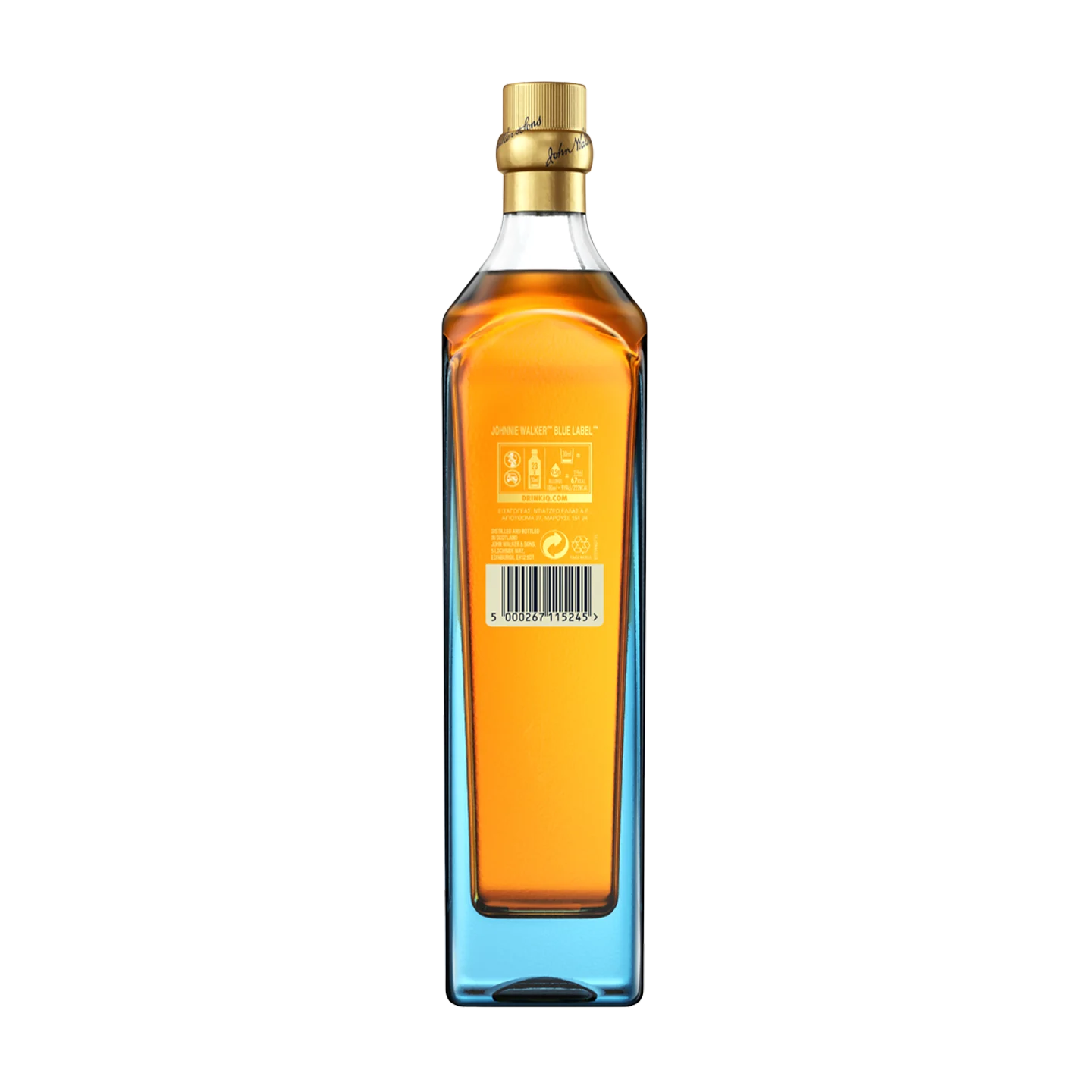 A tall, rectangular bottle of amber-colored liquor with a gold cap. The front label features a barcode and symbols. The bottle has a unique design with clear sides and a flat surface for the label.