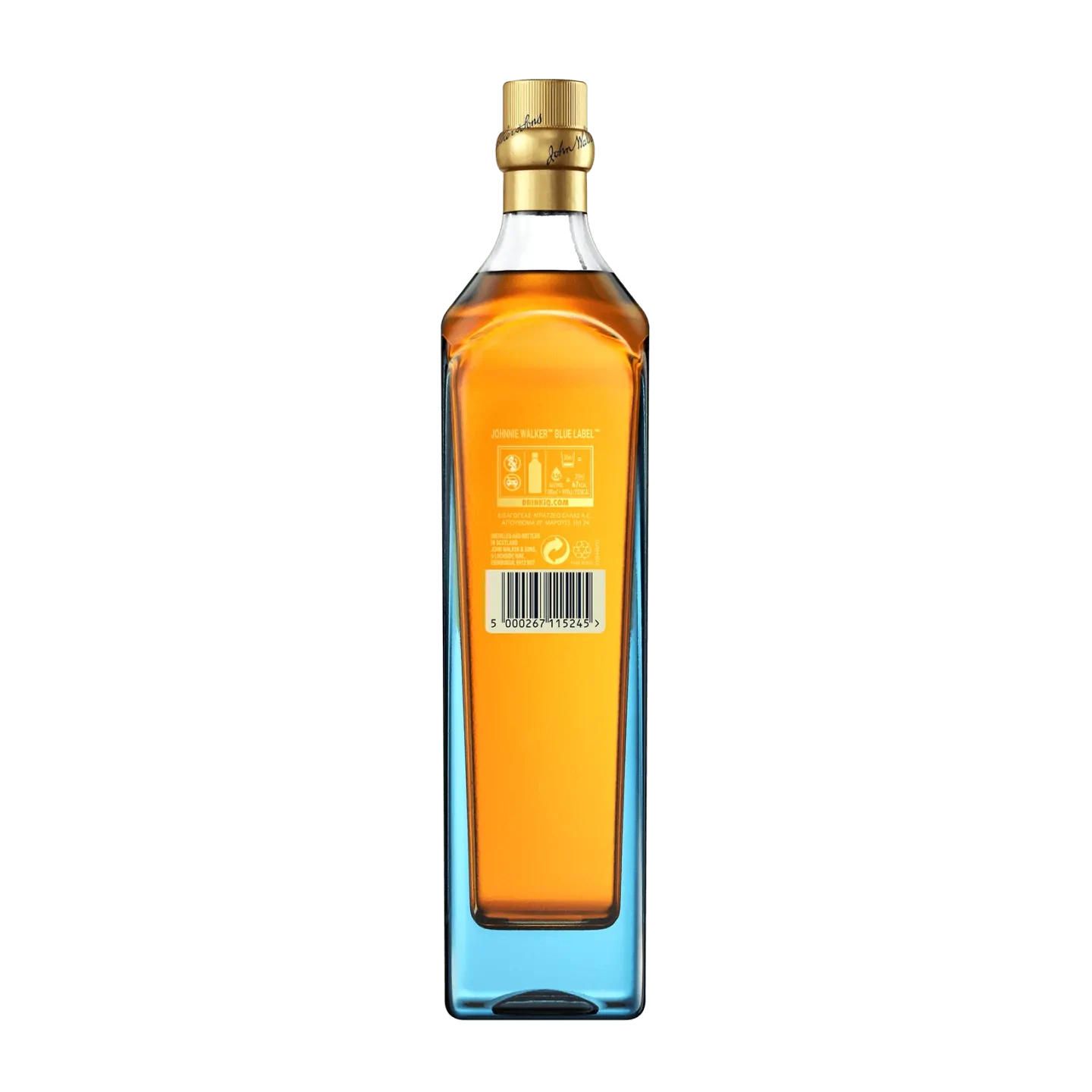 A tall, rectangular bottle of amber-colored liquor with a gold cap. The front label features a barcode and symbols. The bottle has a unique design with clear sides and a flat surface for the label.