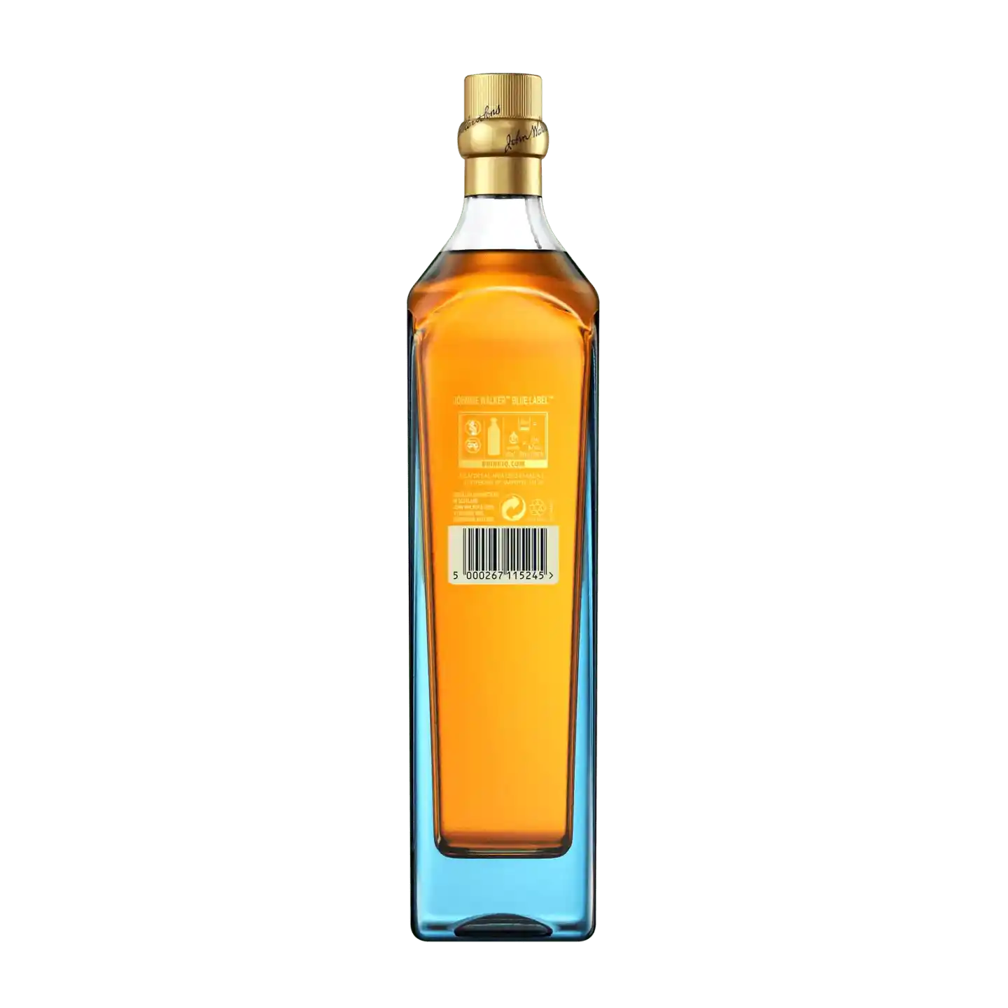 Chai rượu whisky Johnnie Walker Blue Label hình chữ nhật, cao có nắp màu vàng. Chai chứa chất lỏng màu hổ phách và có nhãn có mã vạch và biểu tượng tái chế ở mặt trước. Đáy chai có màu xanh lam.