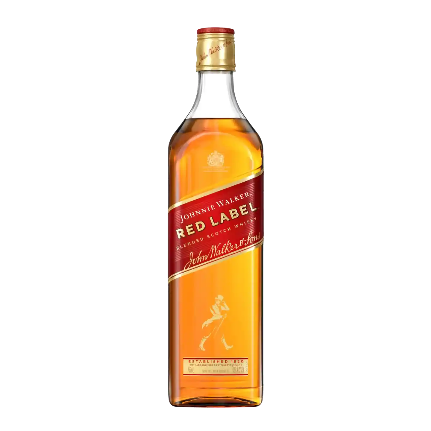 Una botella de whisky escocés mezclado Johnnie Walker Red Label con una etiqueta roja y dorada que muestra el icónico logotipo del hombre que camina. La botella está llena de whisky de color ámbar sobre un fondo liso.