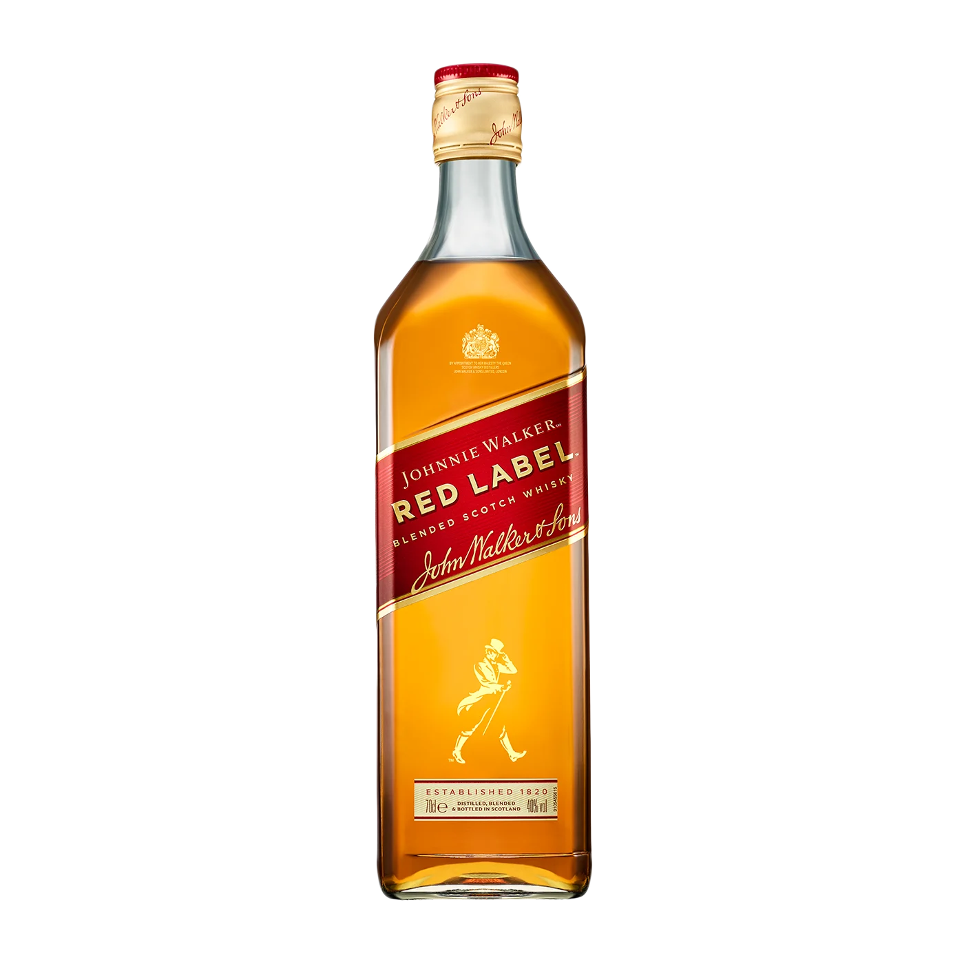 Ένα μπουκάλι Johnnie Walker Red Label Blended Scotch Whisky, που δείχνει τη χαρακτηριστική κόκκινη ετικέτα του με χρυσά γράμματα και το εμβληματικό λογότυπο striding man. Το μπουκάλι είναι γεμάτο και στέκεται σε απλό φόντο.