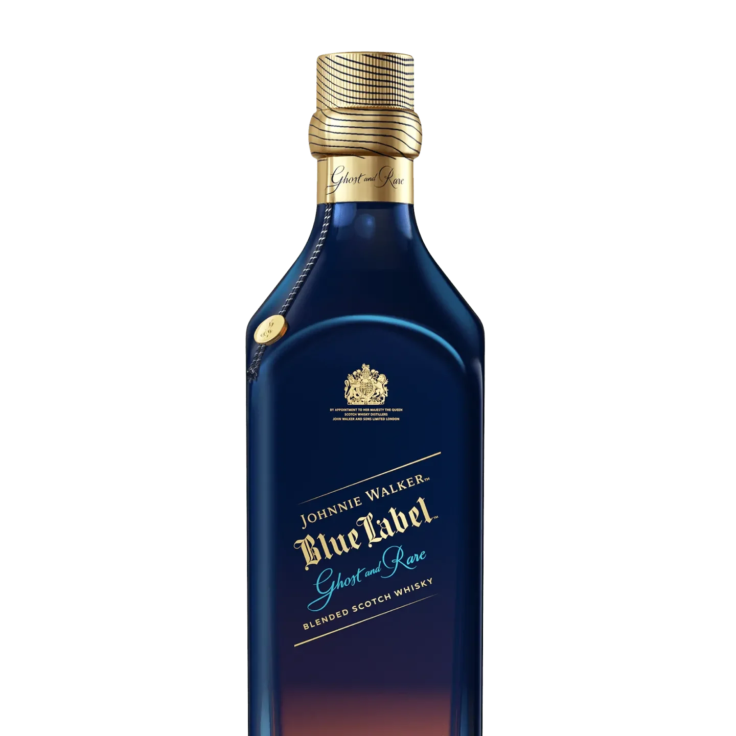 A bottle of Johnnie Walker Blue Label Ghost and Rare pittyvaich Scotch Whisky, featuring a dark blue bottle with a gold-colored cap and elegant label design.