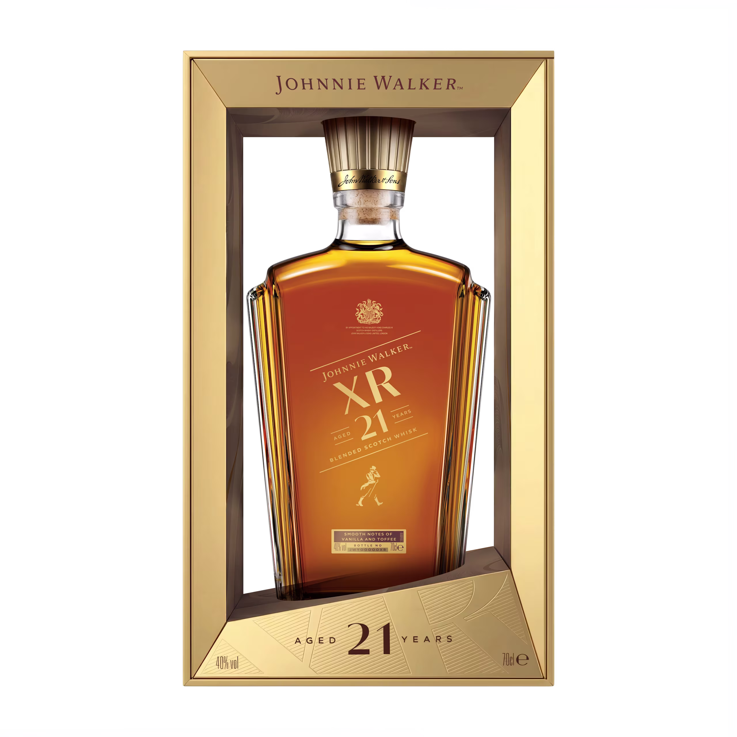 裝在金禮盒中的尊尼獲加（Johnnie Walker）XR 21 威士忌酒瓶，包裝上標有“陳釀 21 年”（Aged 21 Years）的字樣。