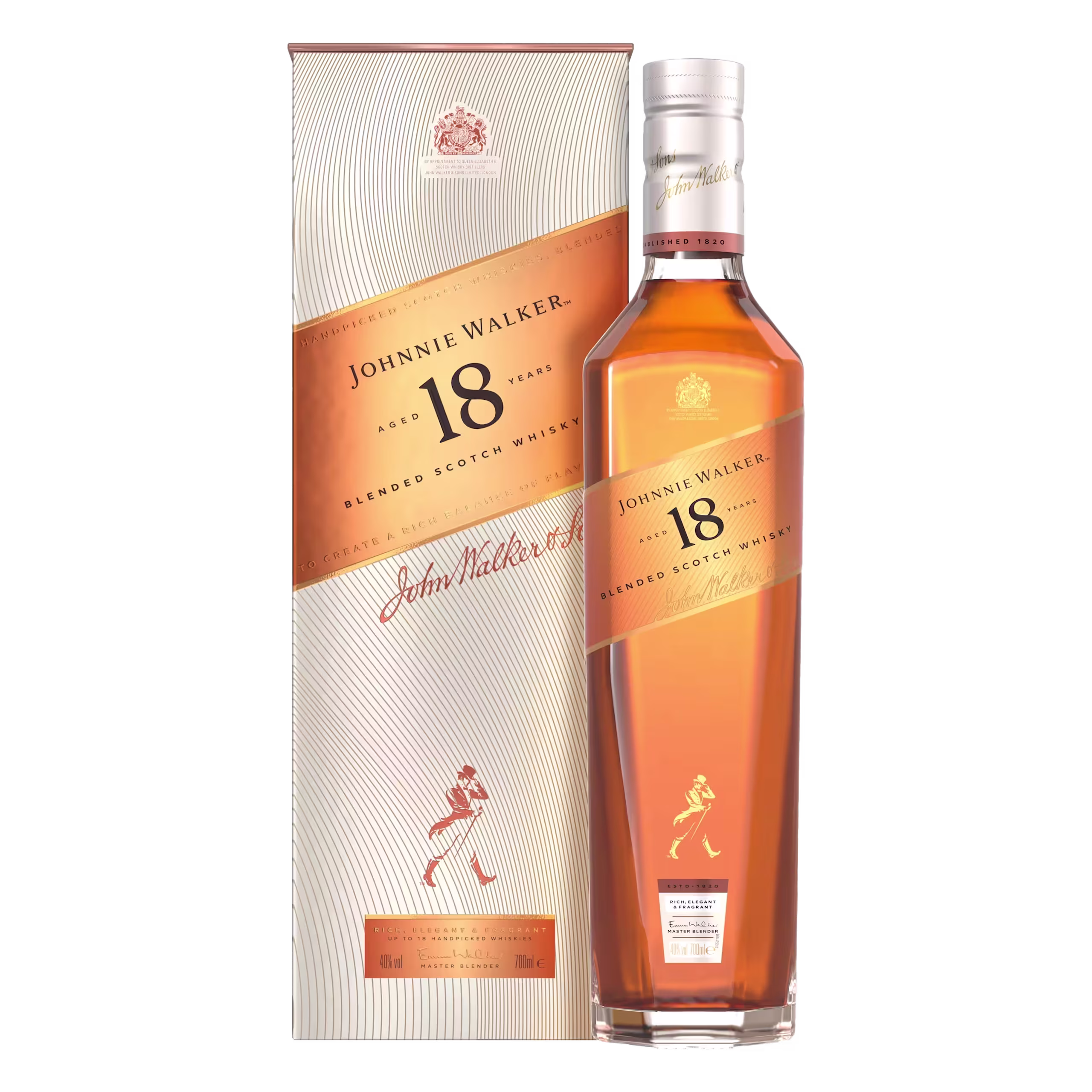 A bottle of Johnnie Walker Aged 18 Years Blended Scotch Whisky stands next to its matching cream and gold box, both labeled with the brand’s logo and signature striding man illustration.