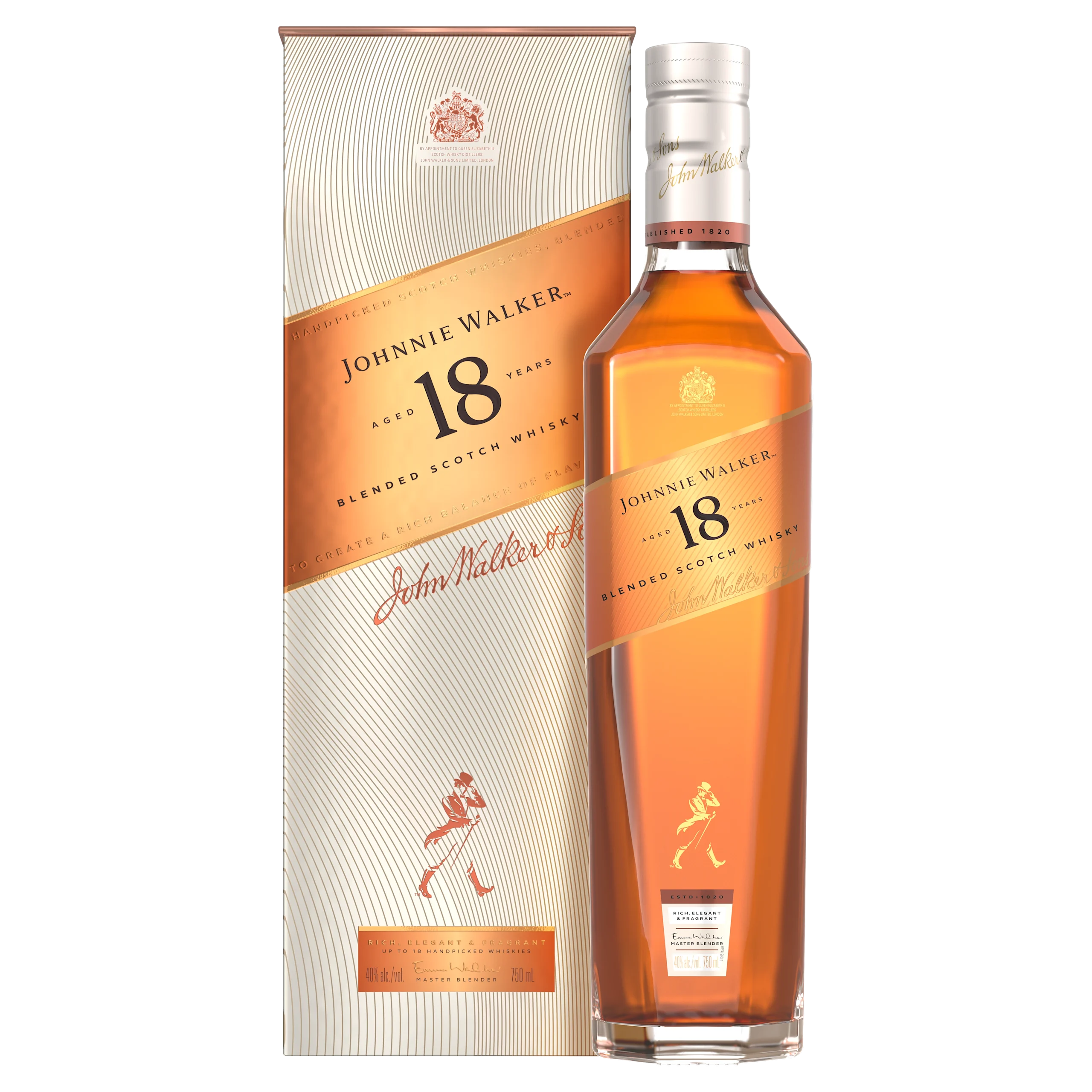 Johnnie Walker 18년산 블렌디드 스카치 위스키 한 병이 브랜드 로고와 상징적인 걷는 남자 일러스트가 적힌 크림색과 금색 상자 옆에 놓여 있습니다.