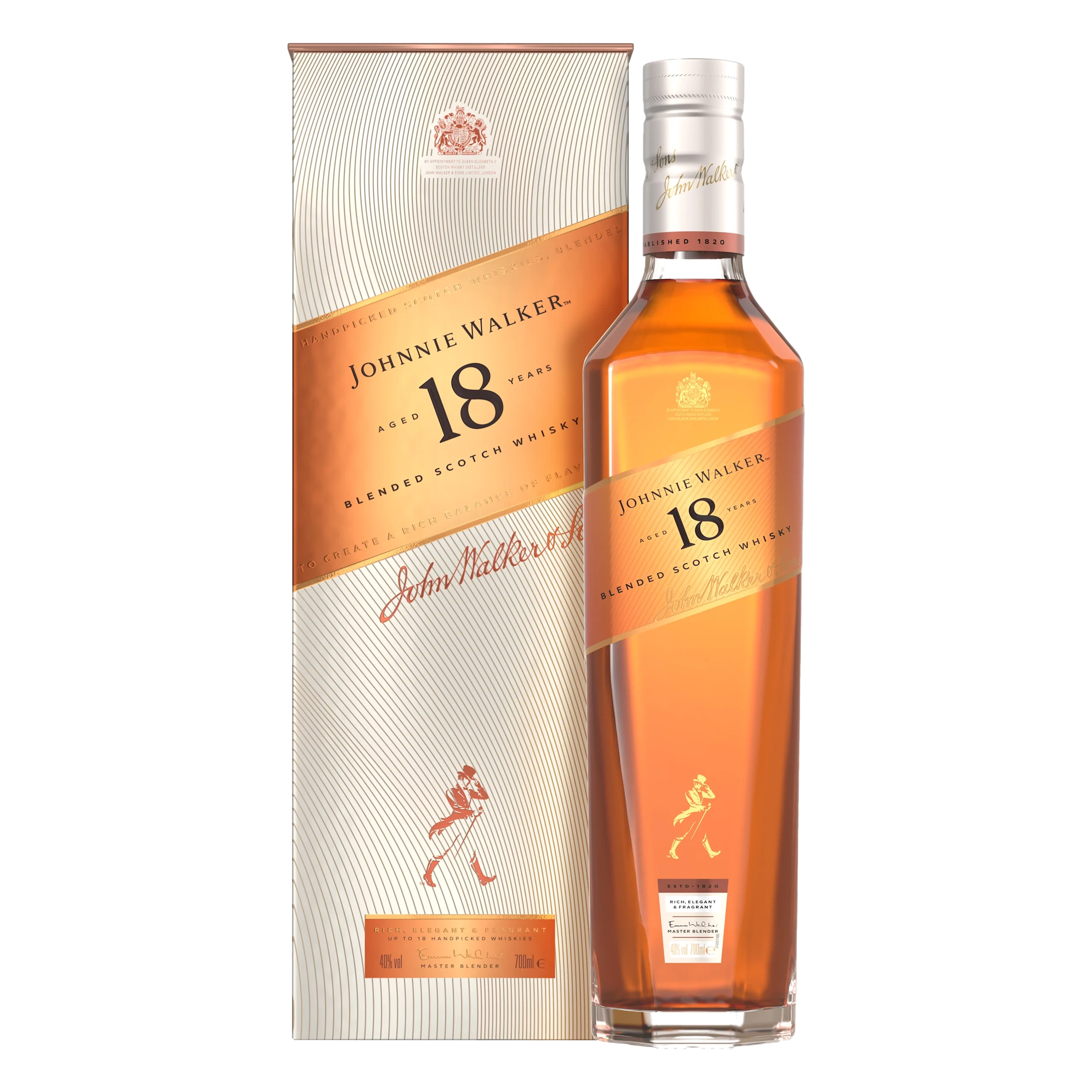 A bottle of Johnnie Walker Aged 18 Years Blended Scotch Whisky stands next to its matching cream and gold box, both labeled with the brand’s logo and signature striding man illustration.