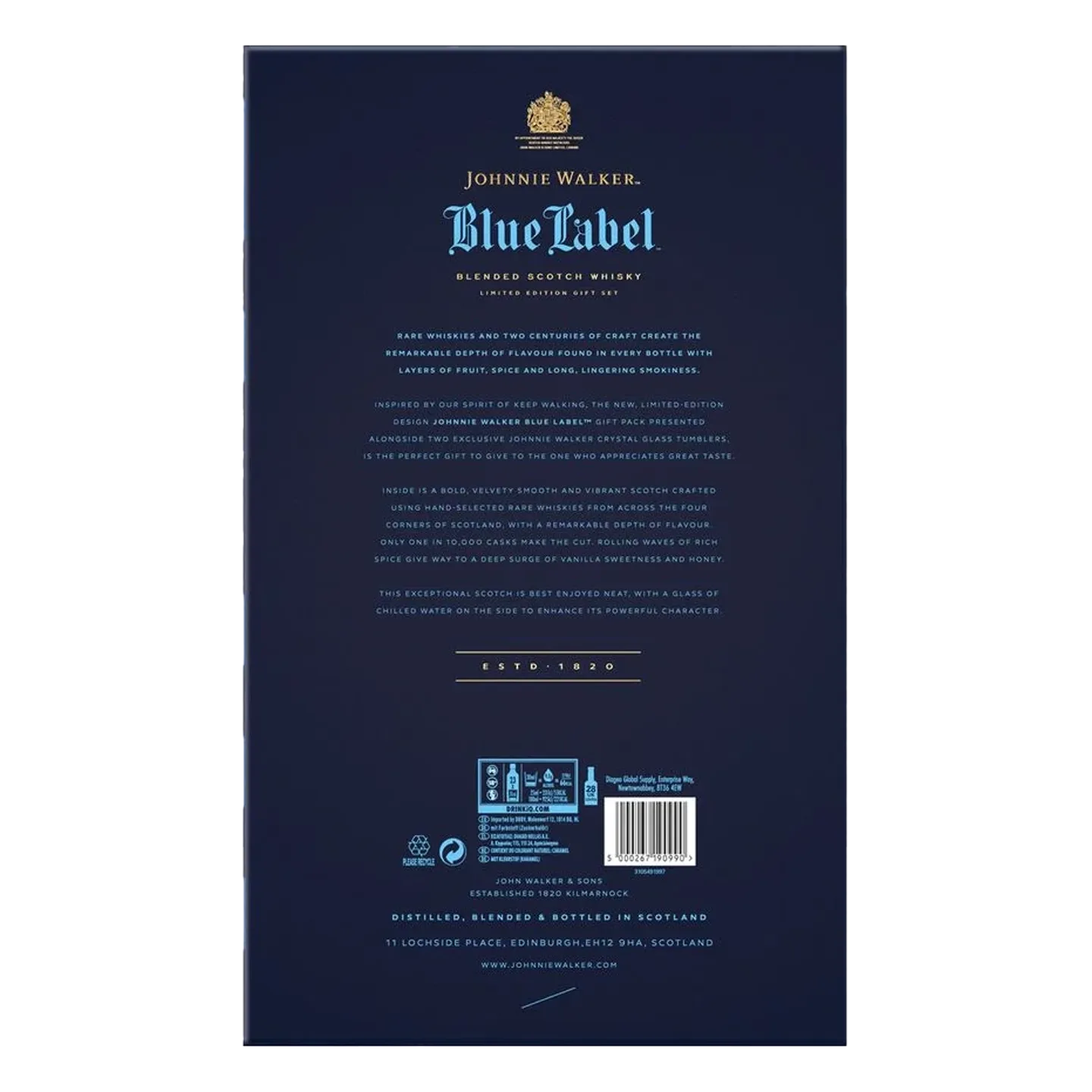 The image shows the back of a Johnnie Walker Blue Label whiskey box. It has detailed white text on a dark blue background, discussing the rarity and quality of the whiskey. There is a gold emblem and various labels at the bottom.