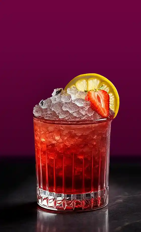 A red cocktail glass filled with crushed ice, garnished with a lime wedge and half a strawberry, sits on a dark surface. The background is a rich purple curtain, adding a touch of elegance to the scene.